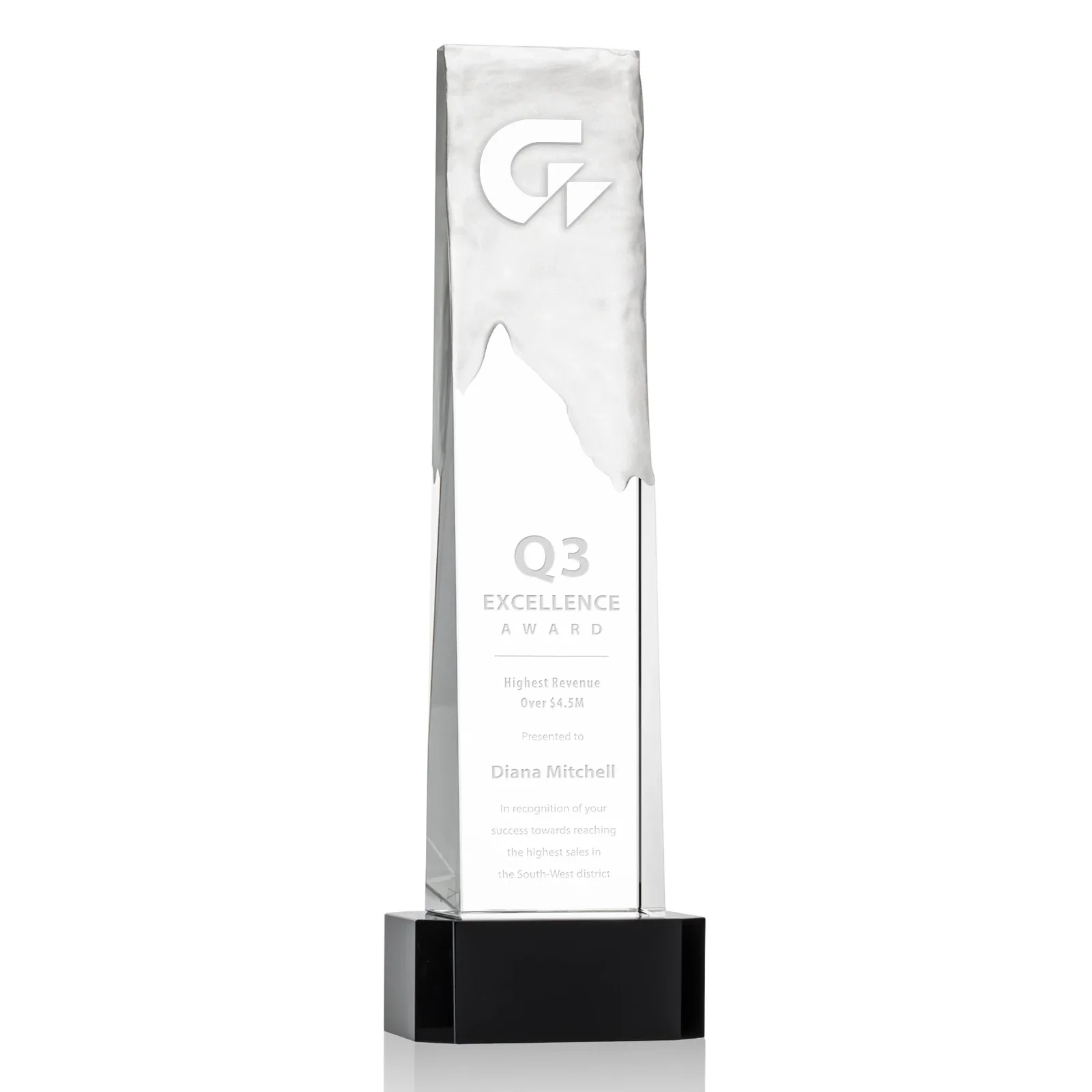 Custom Optical Crystal Monolith Award with Hand-Carved Mountainscape, awards for company anniversary events