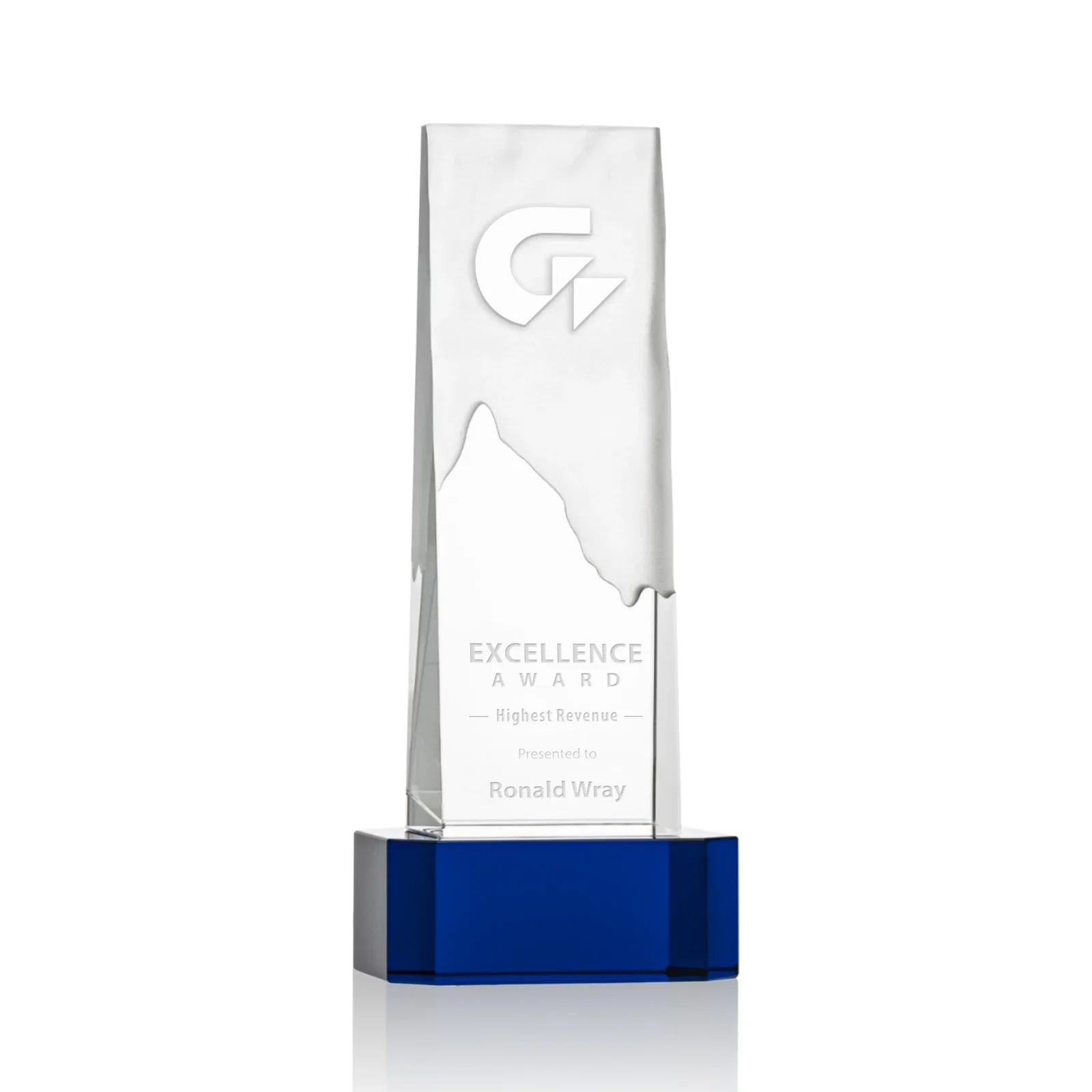 Personalized Optical Crystal Monolith Award with Hand-Carved Mountainscape, awards for corporate award ceremonies