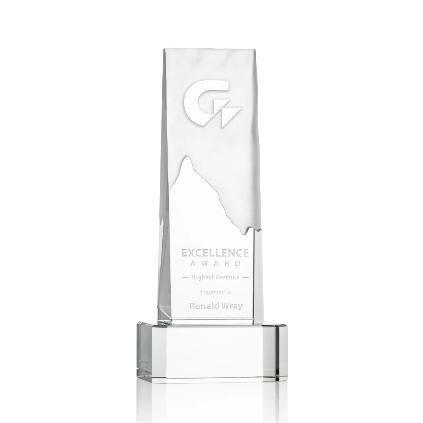 Custom Optical Crystal Monolith Award with Hand-Carved Mountainscape, awards for corporate award ceremonies