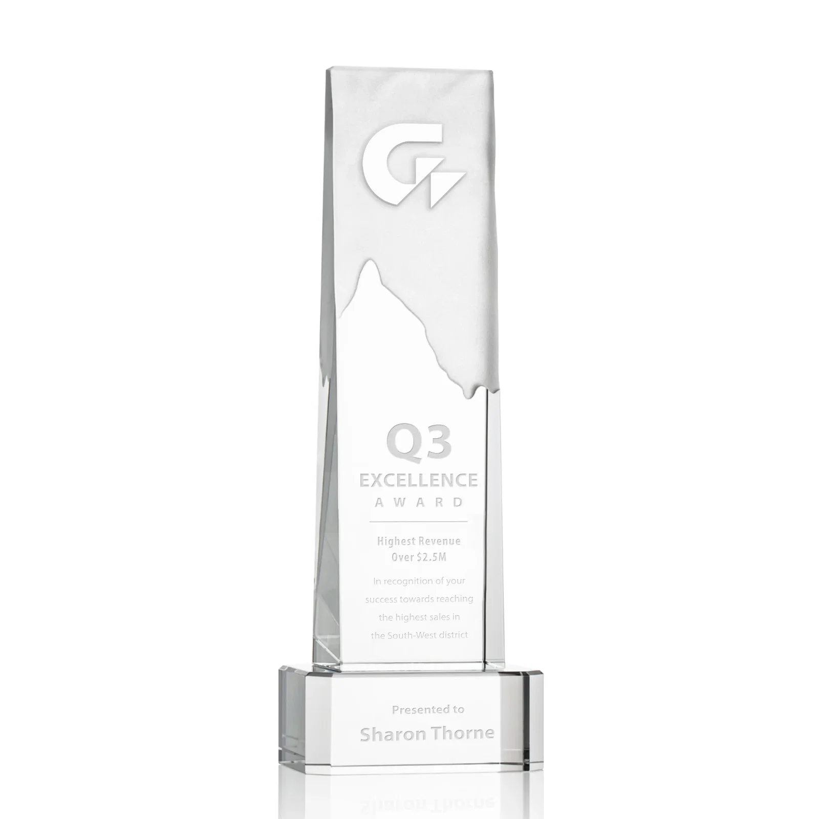 Custom Optical Crystal Monolith Award with Hand-Carved Mountainscape, awards for service anniversary gifts