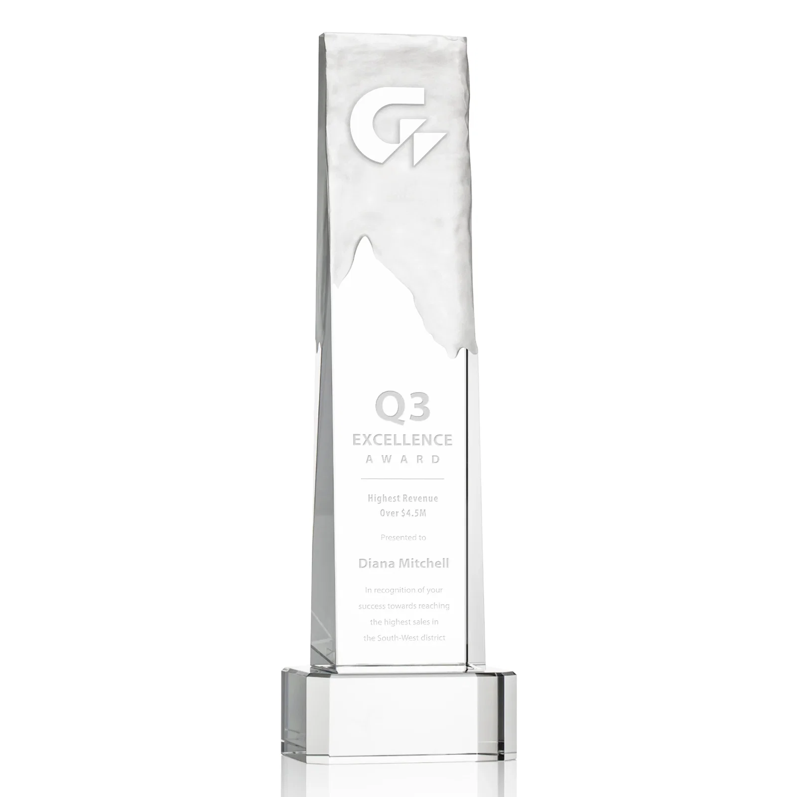 Custom Optical Crystal Monolith Award with Hand-Carved Mountainscape, awards for sales achievement awards