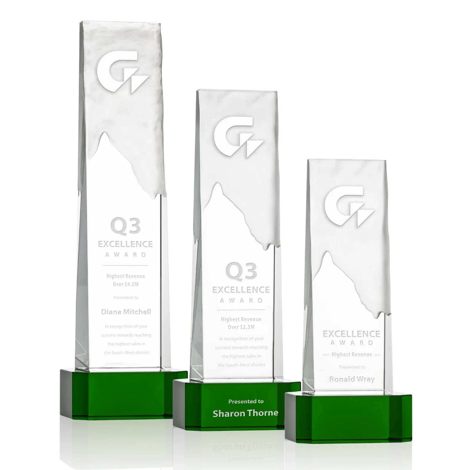 Custom Optical Crystal Monolith Award with Hand-Carved Mountainscape, awards for retirement presentations