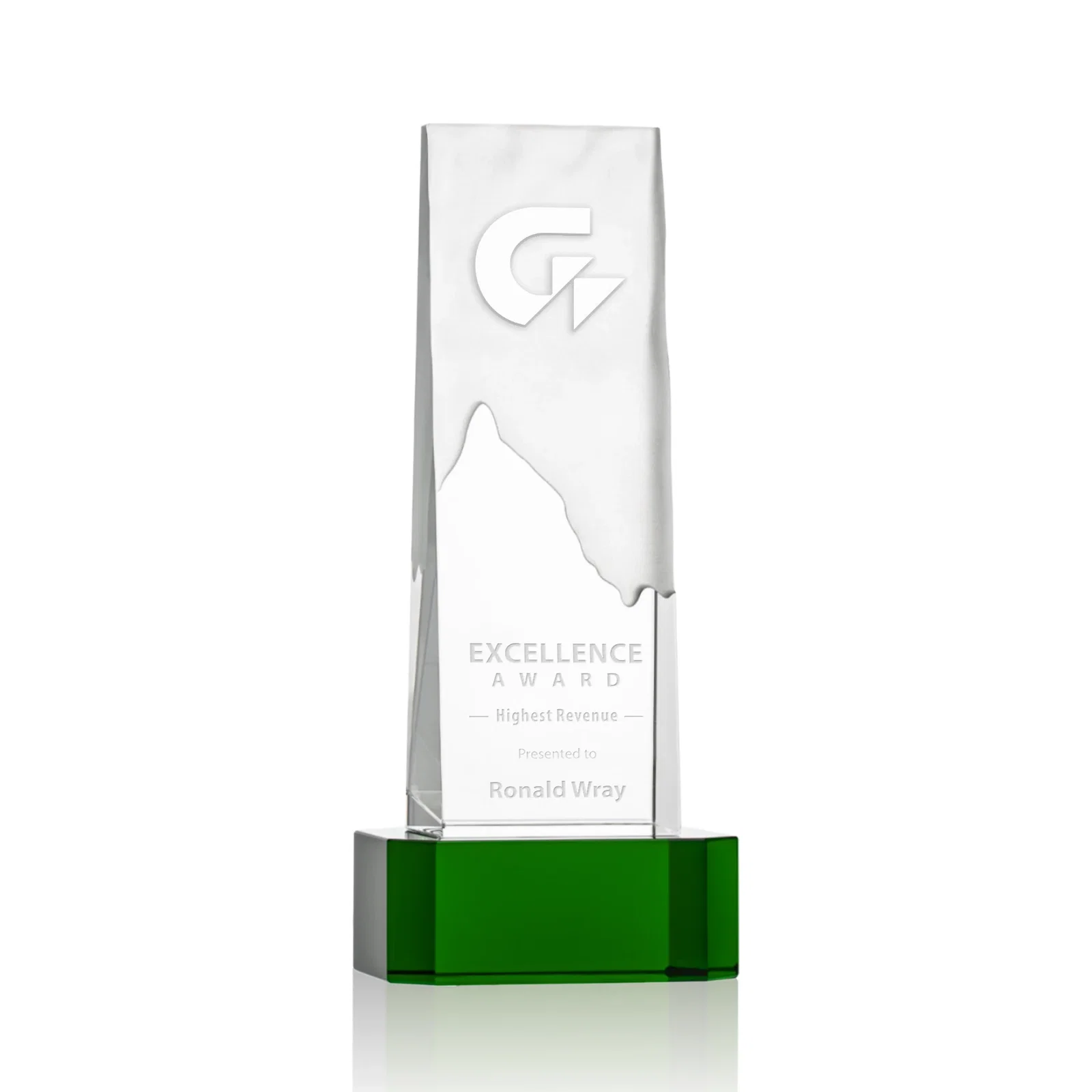 Custom Optical Crystal Monolith Award with Hand-Carved Mountainscape, awards for team milestone celebrations