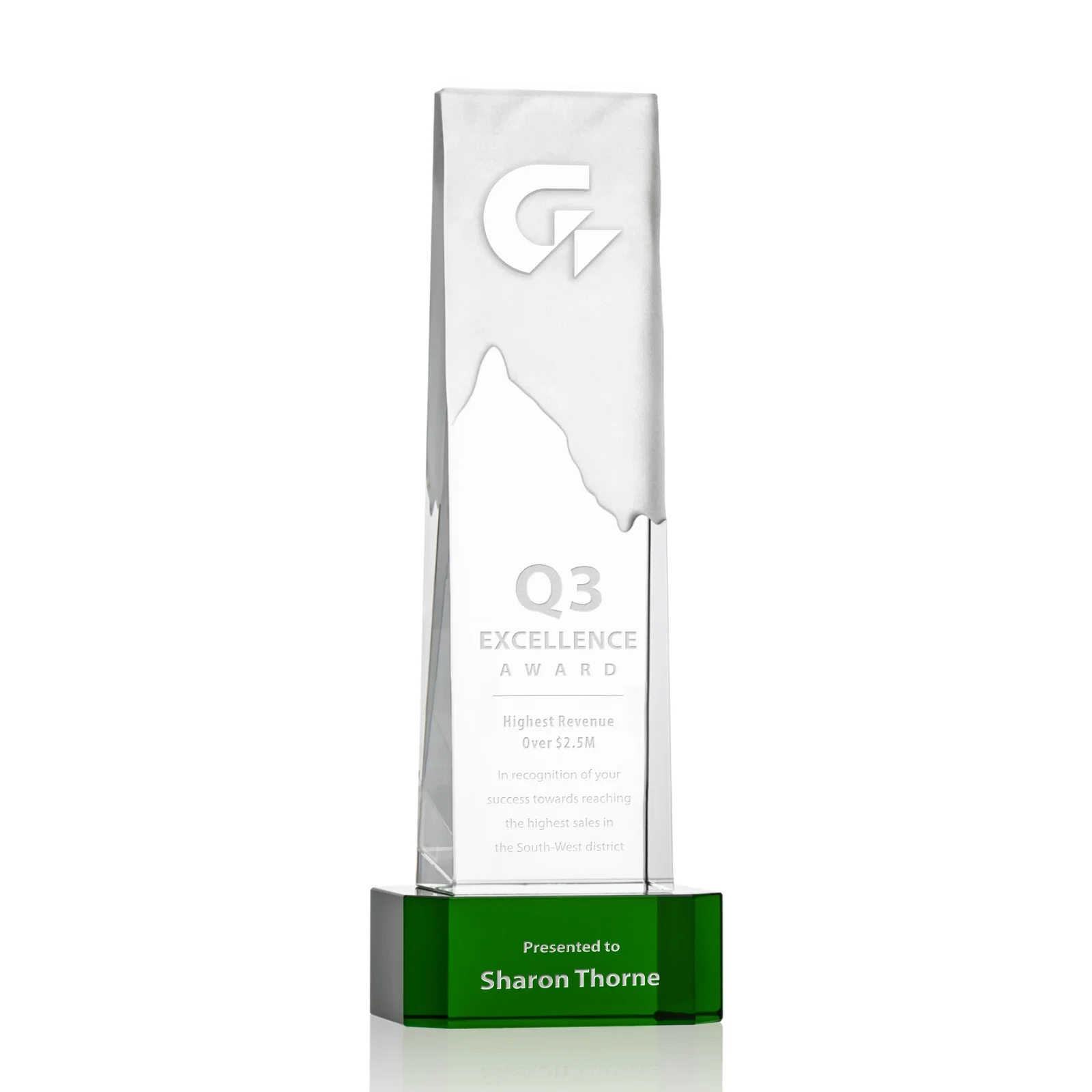 Custom Optical Crystal Monolith Award with Hand-Carved Mountainscape, awards for donor appreciation