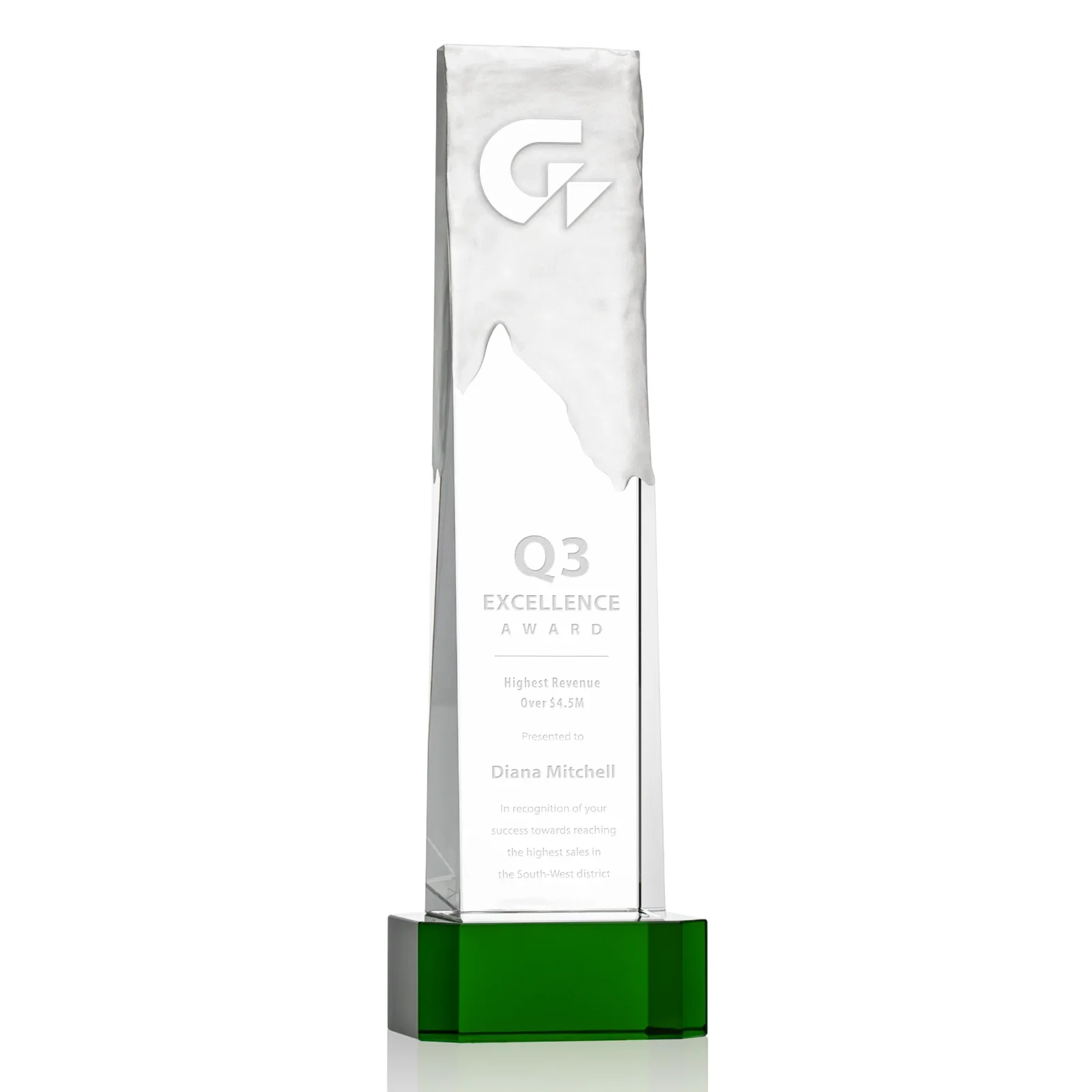 Custom Optical Crystal Monolith Award with Hand-Carved Mountainscape, awards for graduation ceremonies