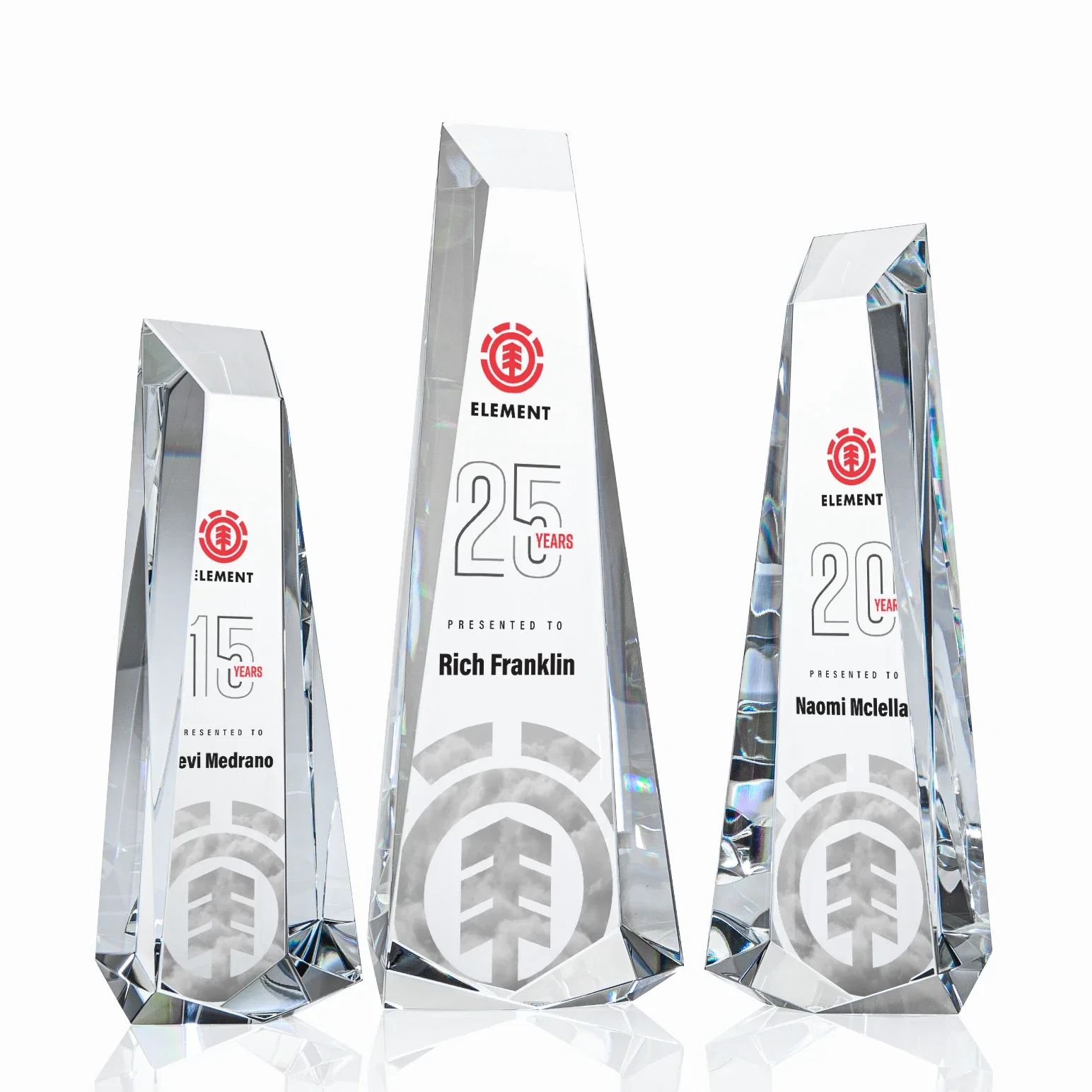 Custom Optical Crystal Obelisk Award With Continuous Faceted Sides for retirement presentations