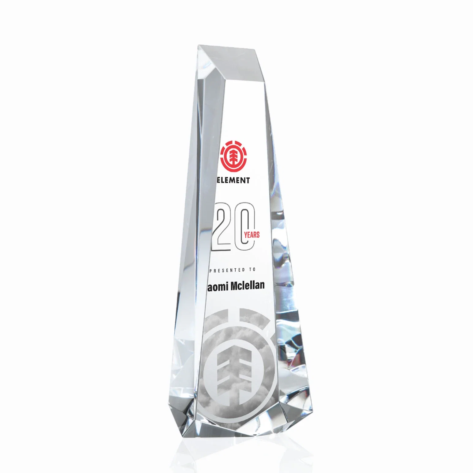 Custom Optical Crystal Obelisk Award With Continuous Faceted Sides for donor appreciation