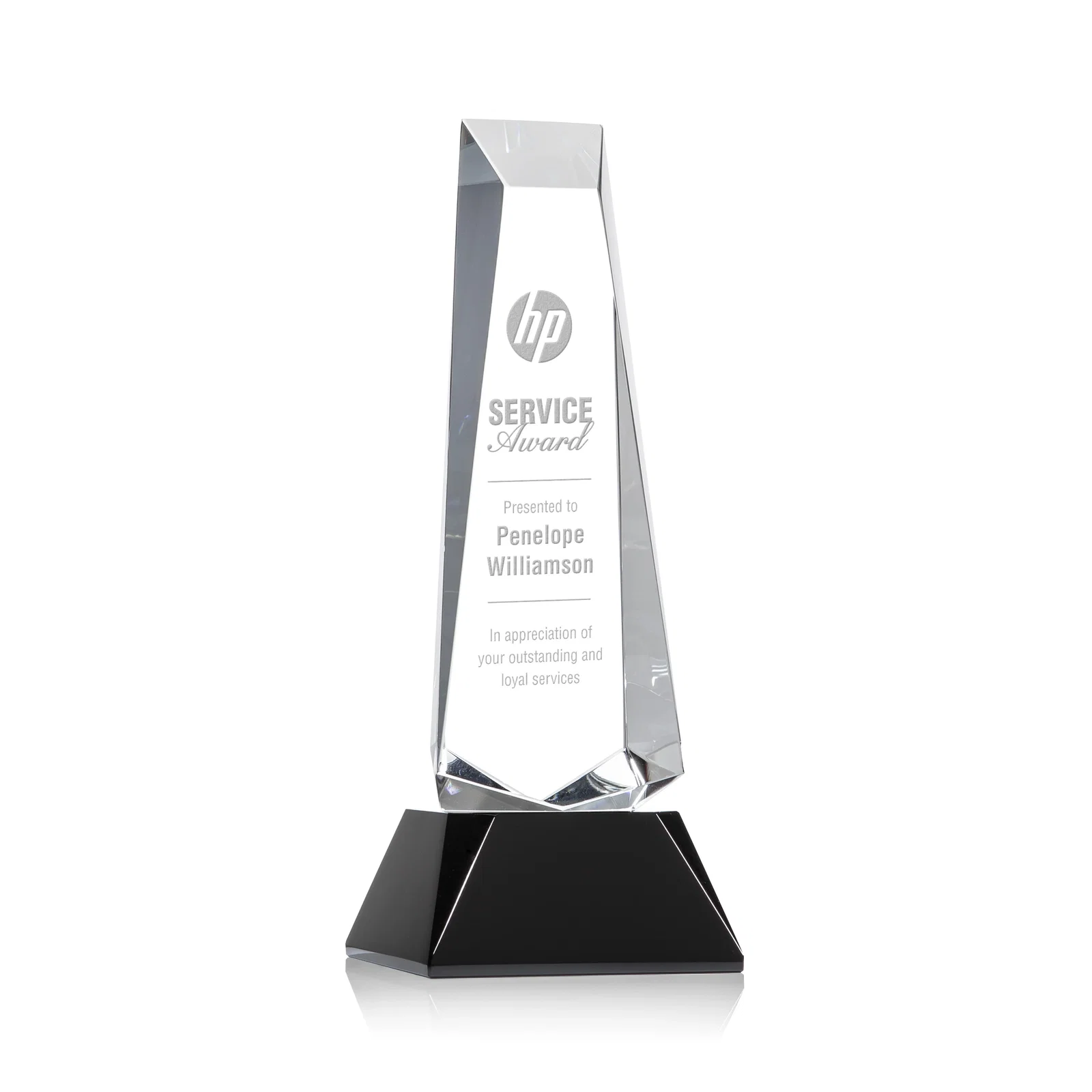 Custom Optical Crystal Obelisk Award With a Continuous Faceted Cut for volunteer appreciation