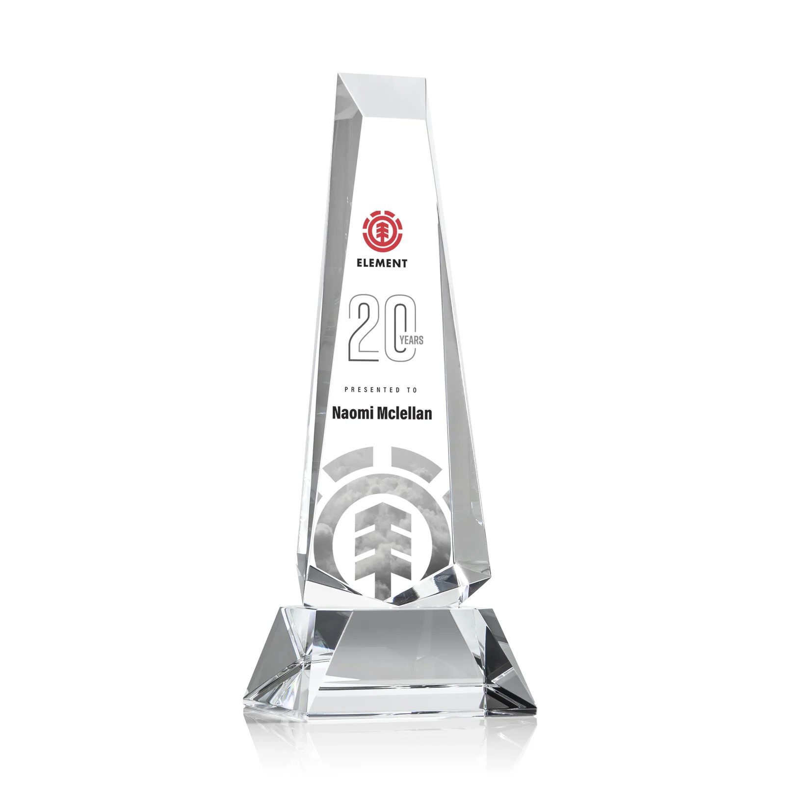 Personalized Optical Crystal Obelisk Award With a Continuous Faceted Cut for donor appreciation