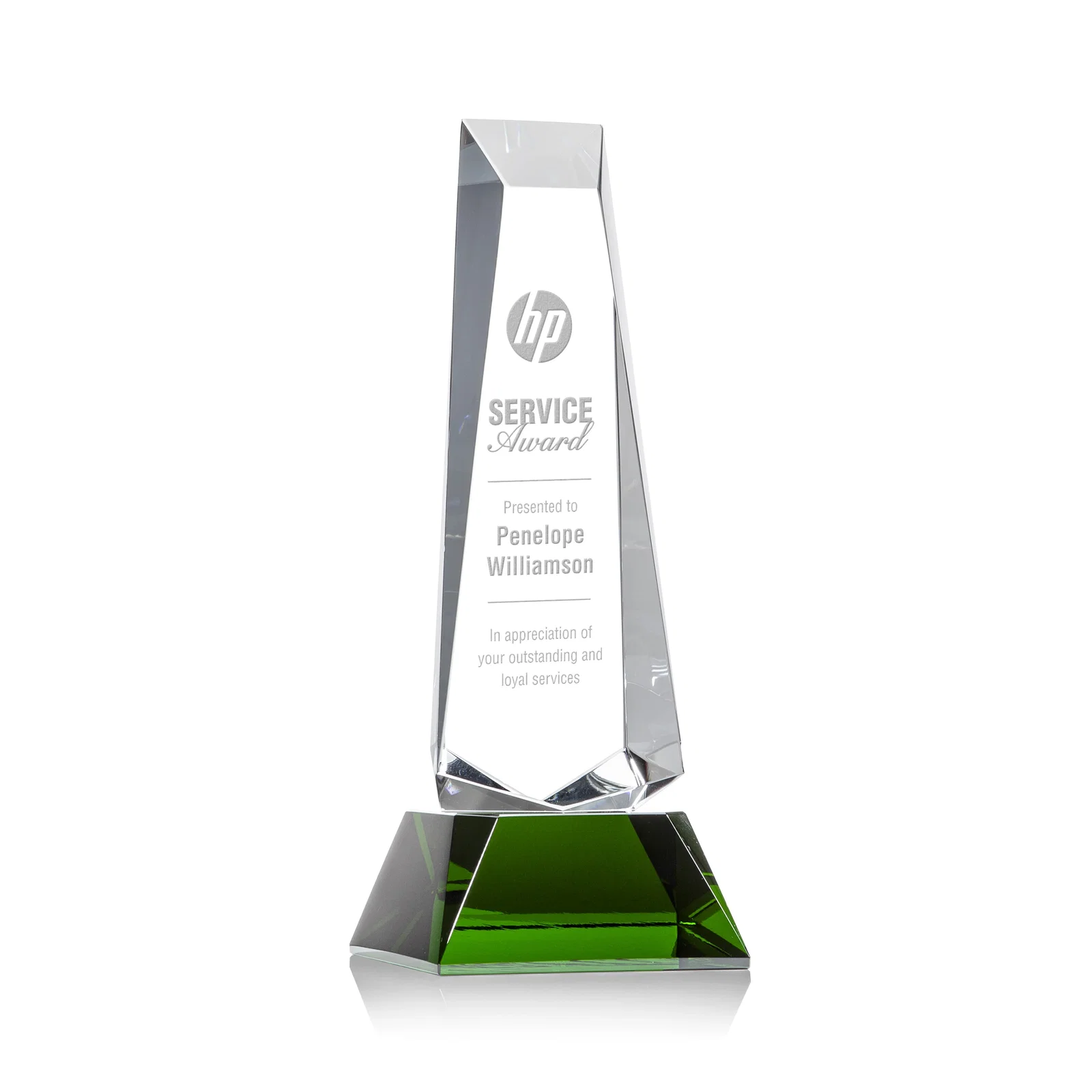 Custom Optical Crystal Obelisk Award With a Continuous Faceted Cut for corporate award ceremonies