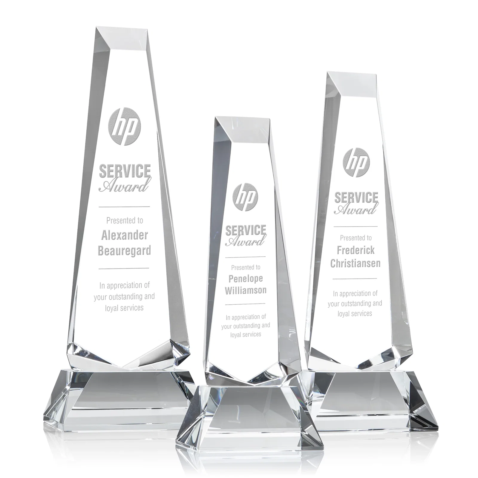 Custom Optical Crystal Obelisk Award With a Continuous Faceted Cut for retirement presentations