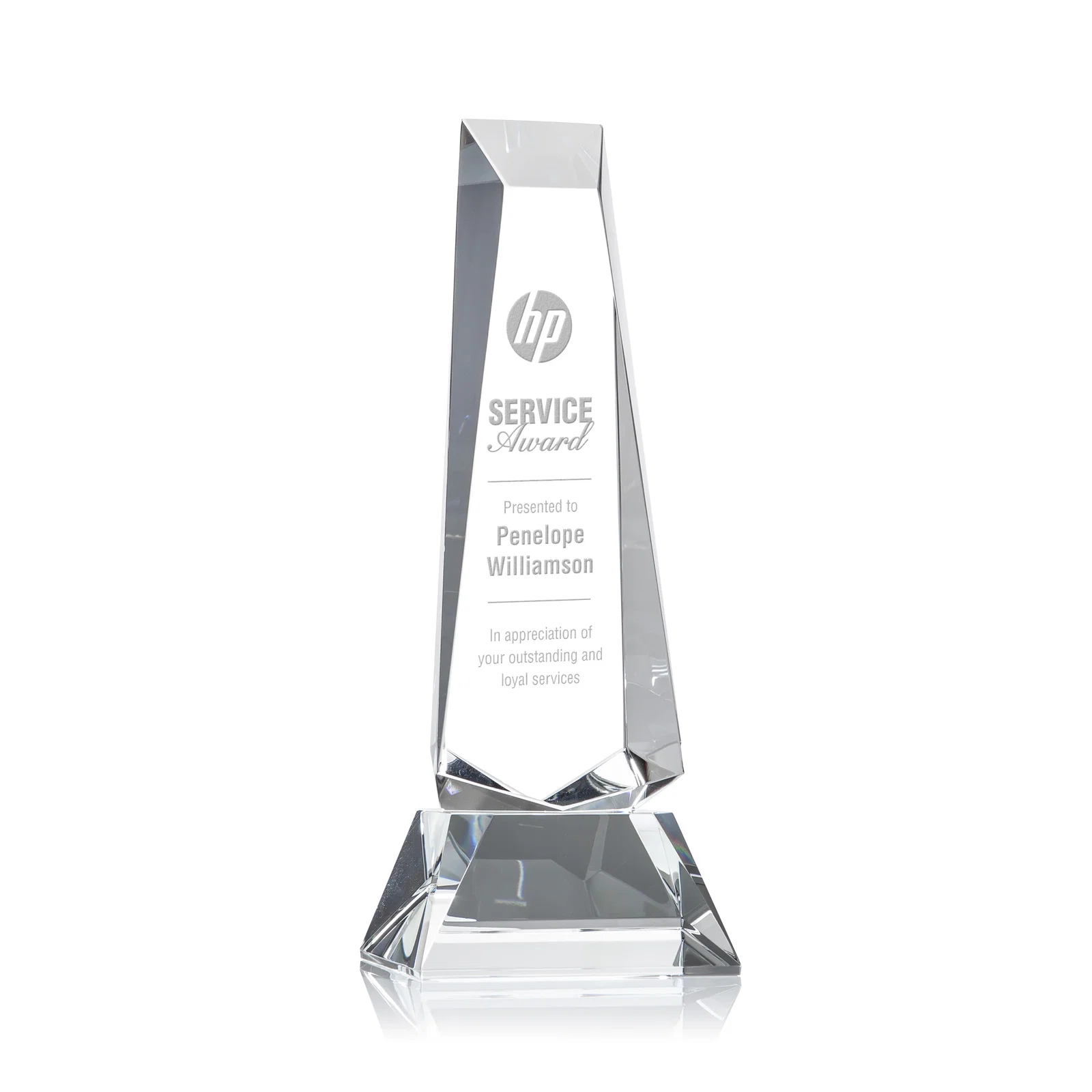 Custom Optical Crystal Obelisk Award With a Continuous Faceted Cut for team milestone celebrations