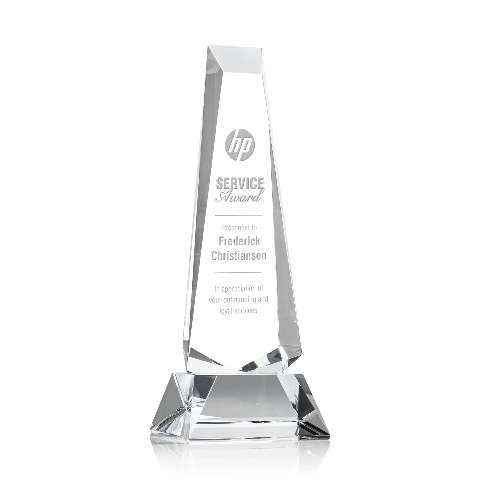 Custom Optical Crystal Obelisk Award With a Continuous Faceted Cut for donor appreciation