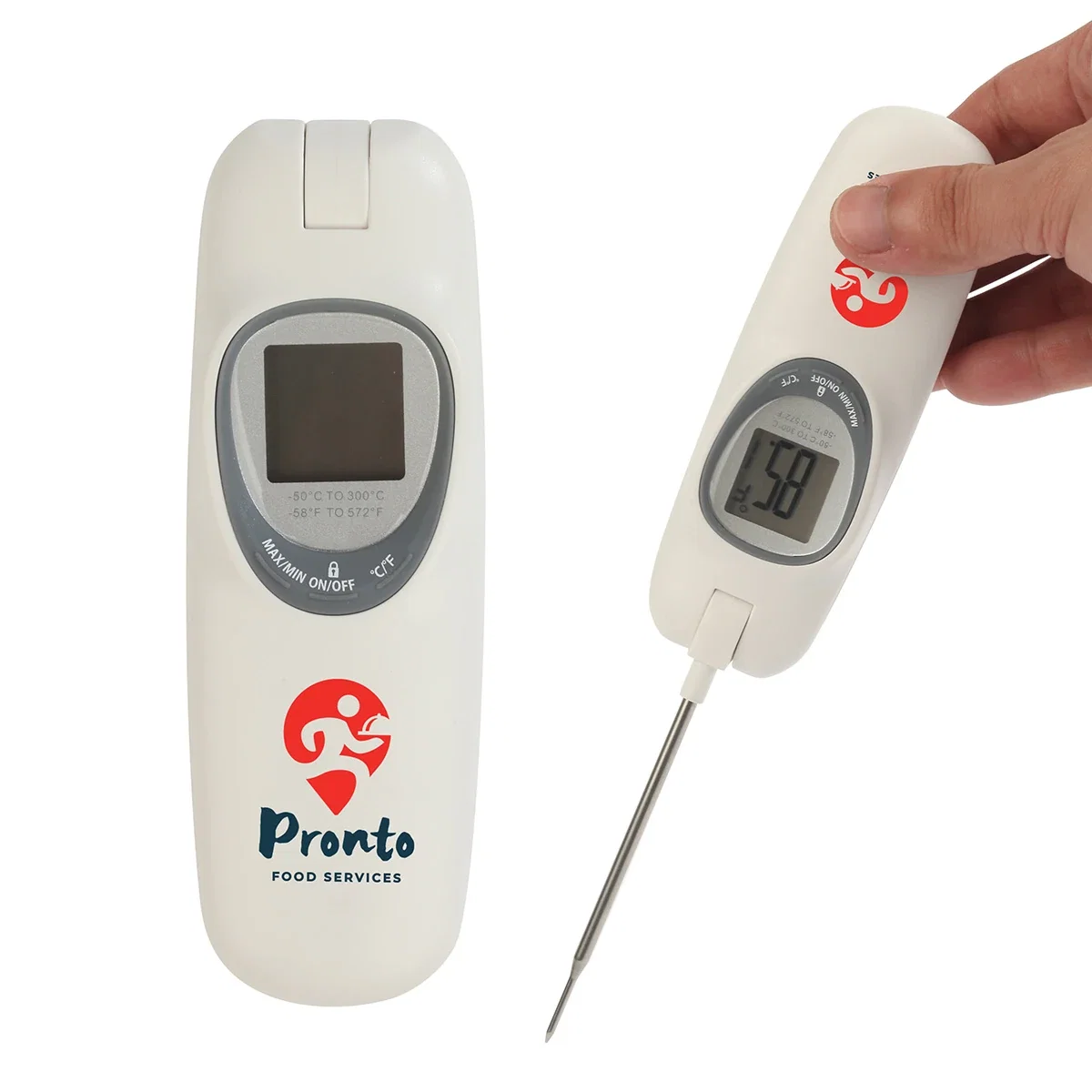 Custom Rustler Cooking & BBQ Digital Thermometer, front view of the branded thermometer