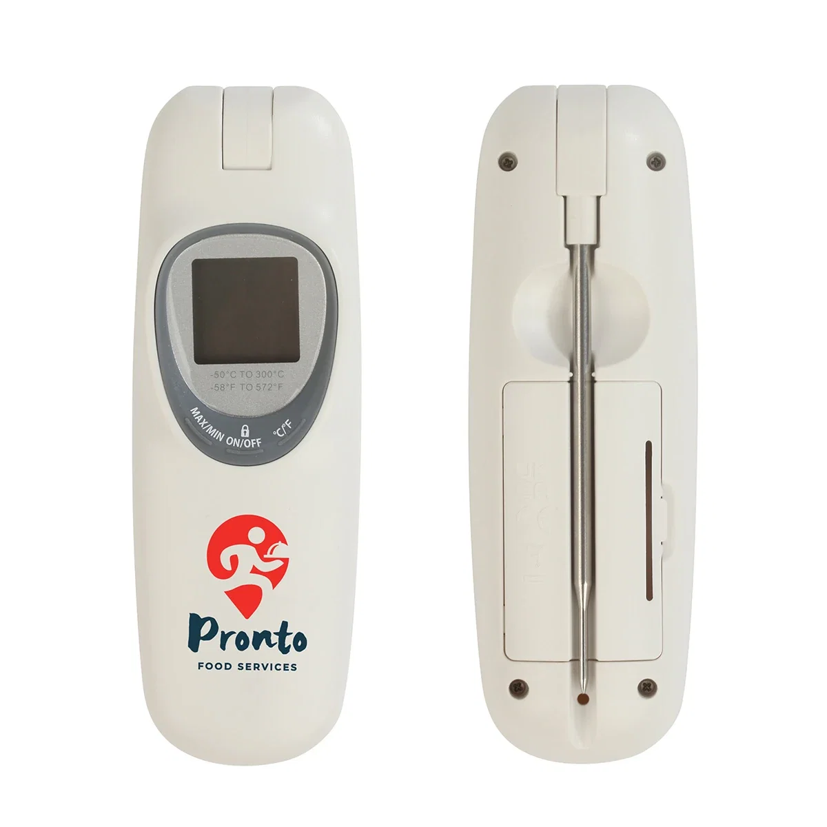 Angled view of the promotional Rustler BBQ thermometer