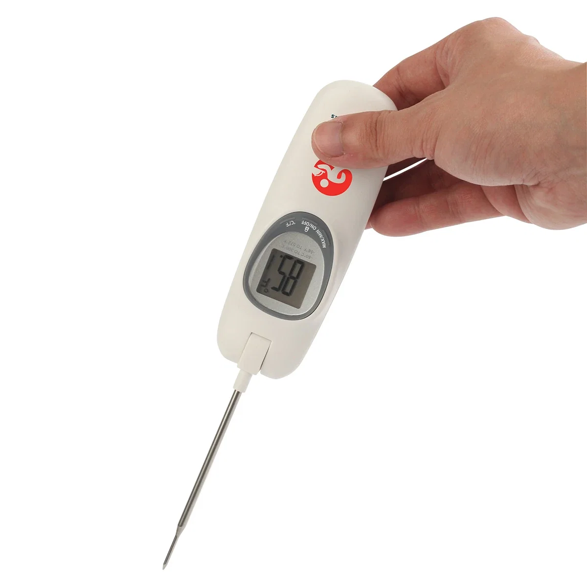 Close-up of the custom Rustler thermometer's logo imprint area