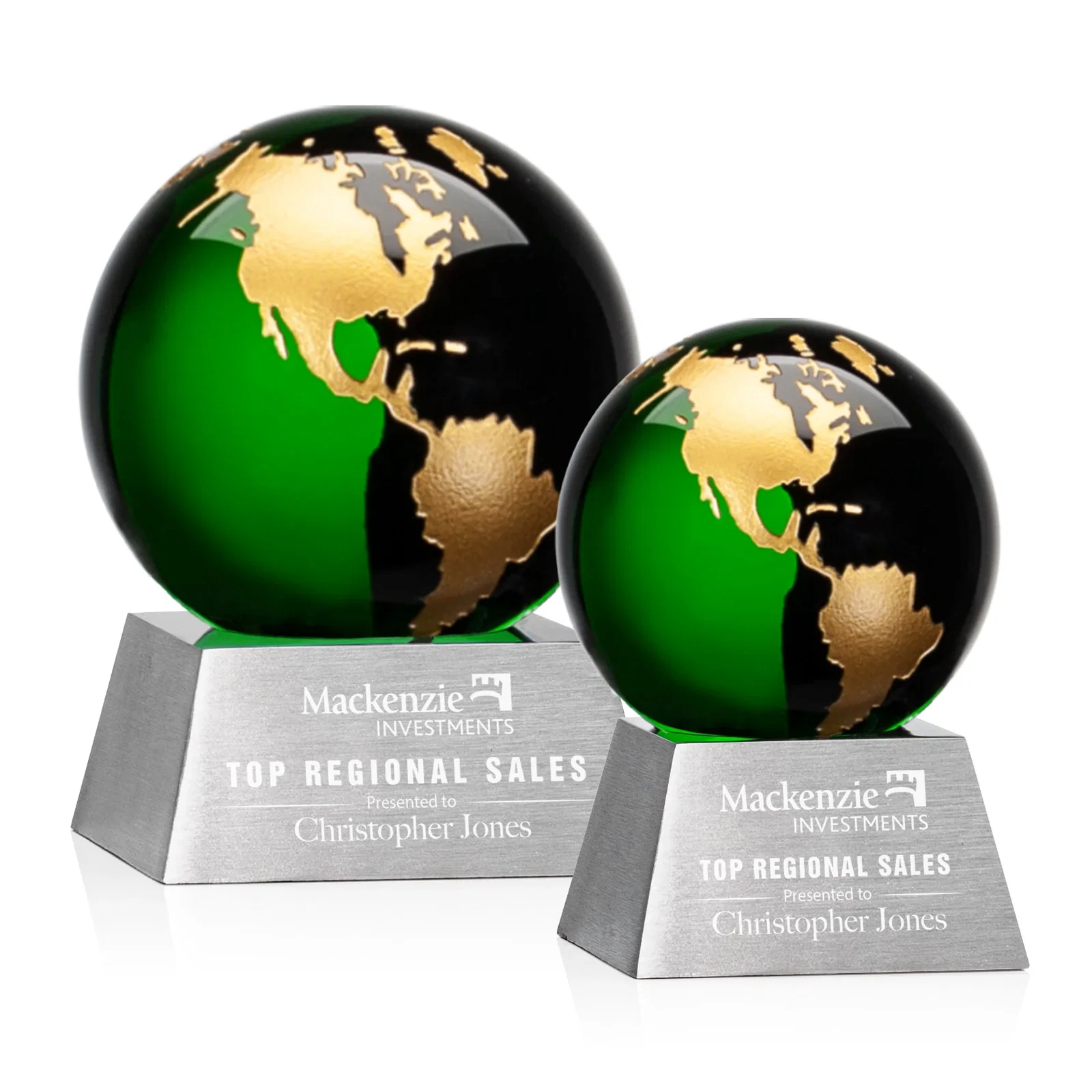 Custom Emerald Optical Crystal Globe Award on Brushed Aluminum Base for employee recognition