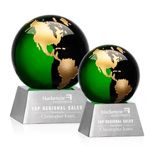 Emerald Optical Crystal Globe Award on Brushed Aluminum Base