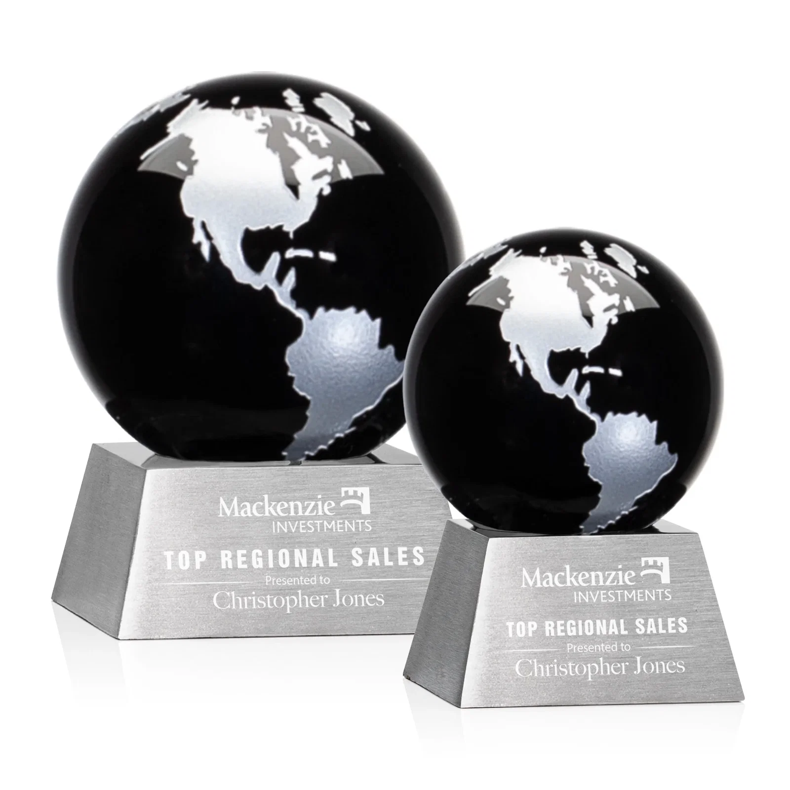 Custom Emerald Optical Crystal Globe Award on Brushed Aluminum Base for volunteer appreciation