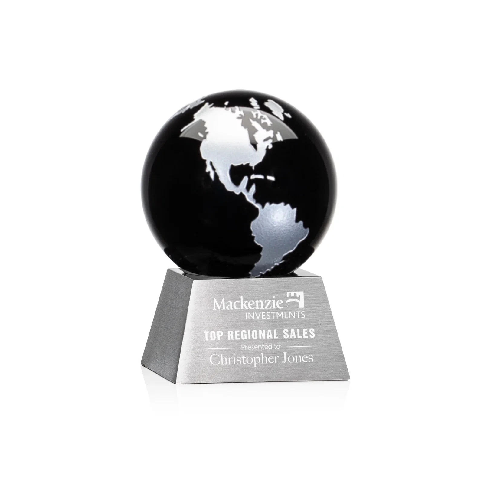 Custom Emerald Optical Crystal Globe Award on Brushed Aluminum Base for dealer and partner awards