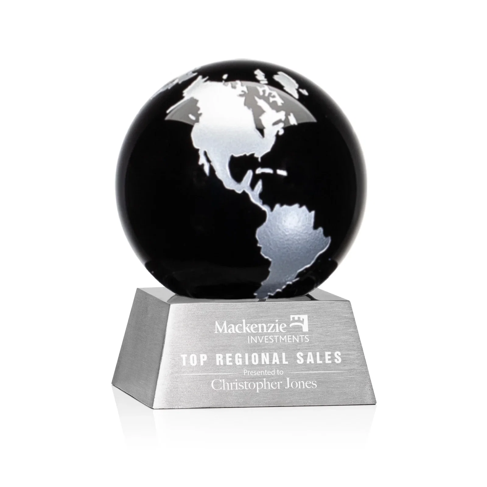 Custom Emerald Optical Crystal Globe Award on Brushed Aluminum Base for company anniversary events