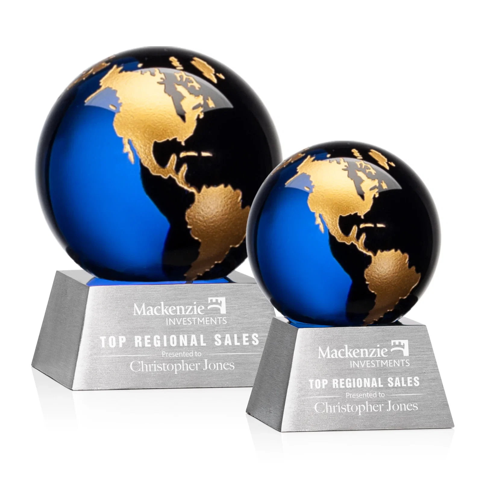 Personalized Emerald Optical Crystal Globe Award on Brushed Aluminum Base for employee recognition