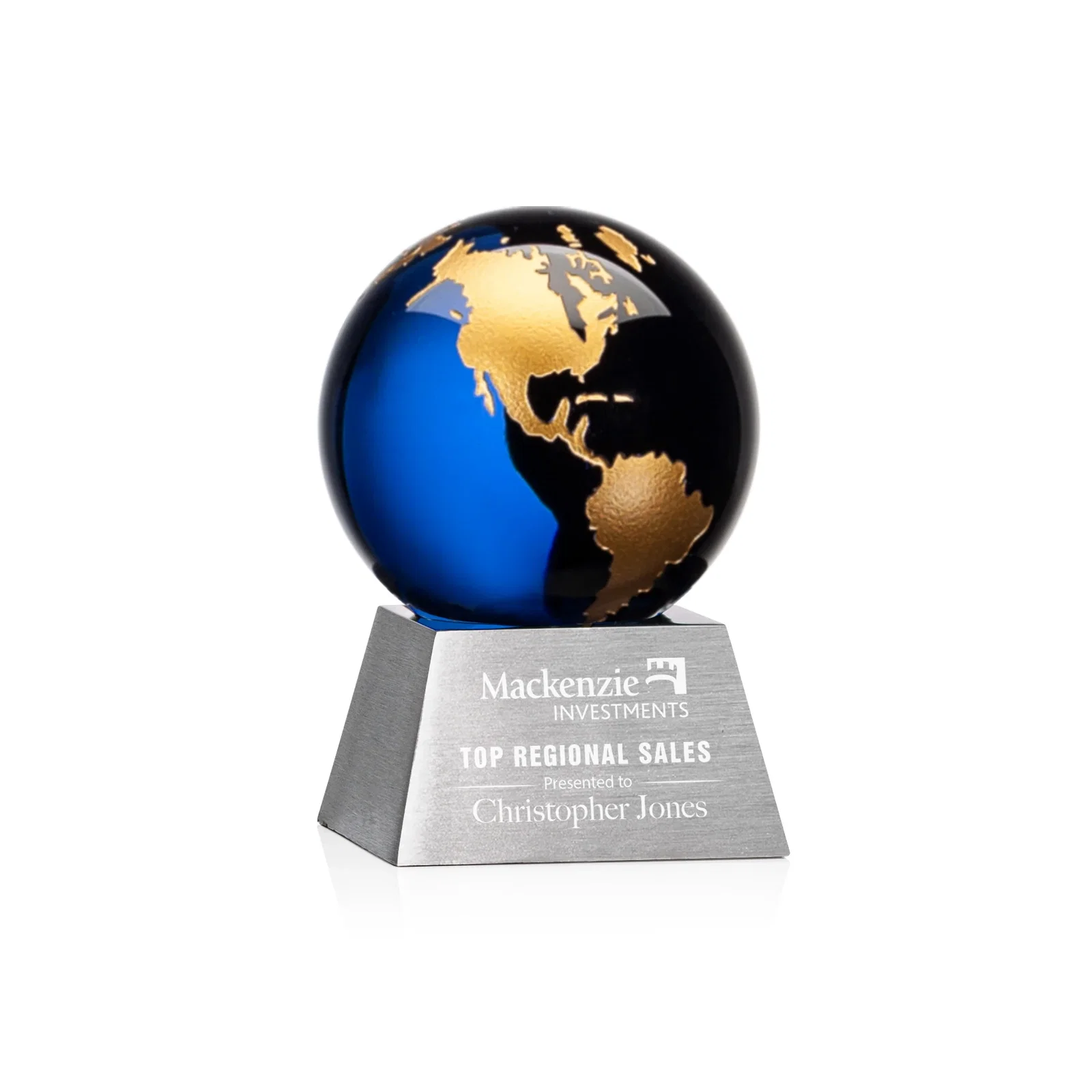 Personalized Emerald Optical Crystal Globe Award on Brushed Aluminum Base for corporate award ceremonies
