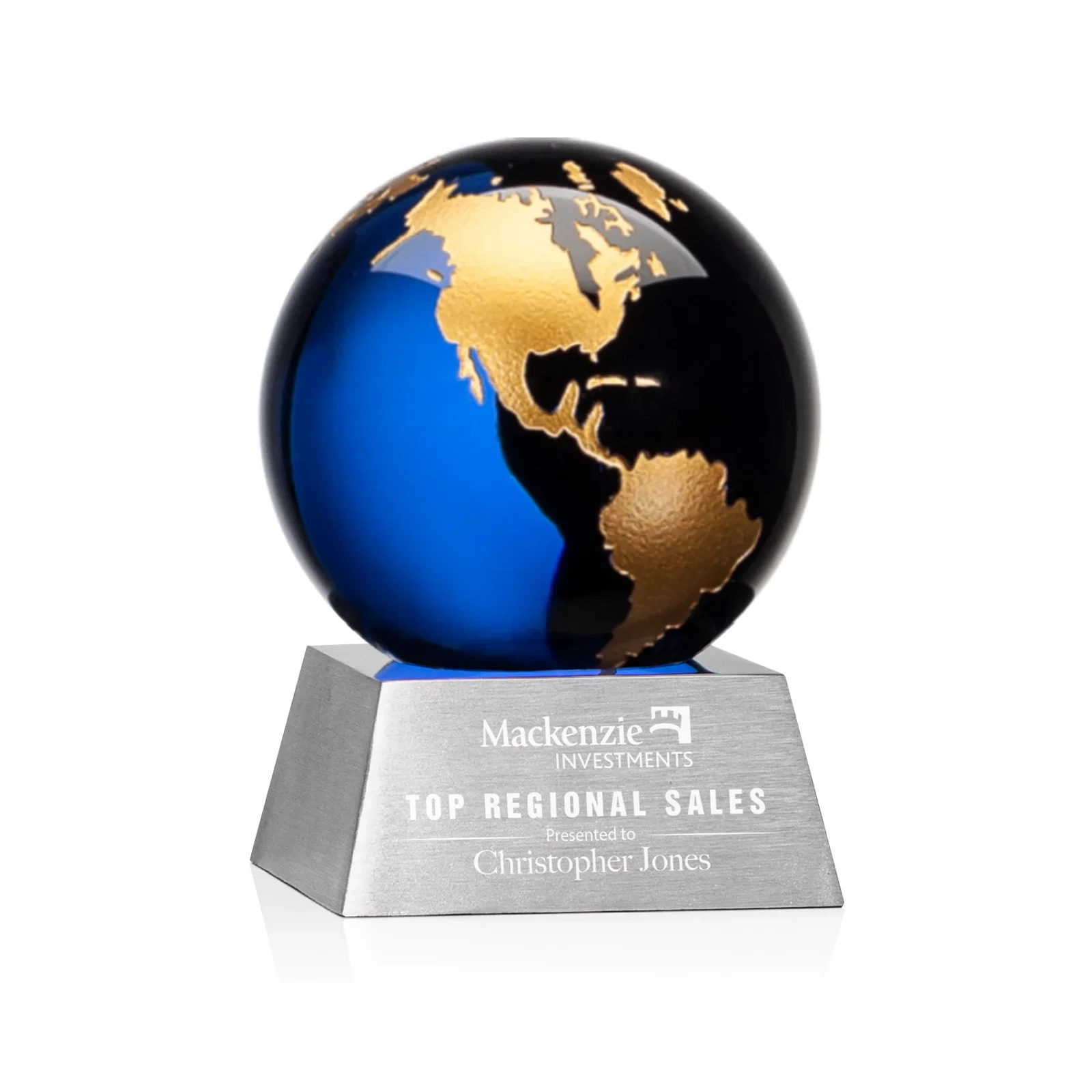 Personalized Emerald Optical Crystal Globe Award on Brushed Aluminum Base for service anniversary gifts