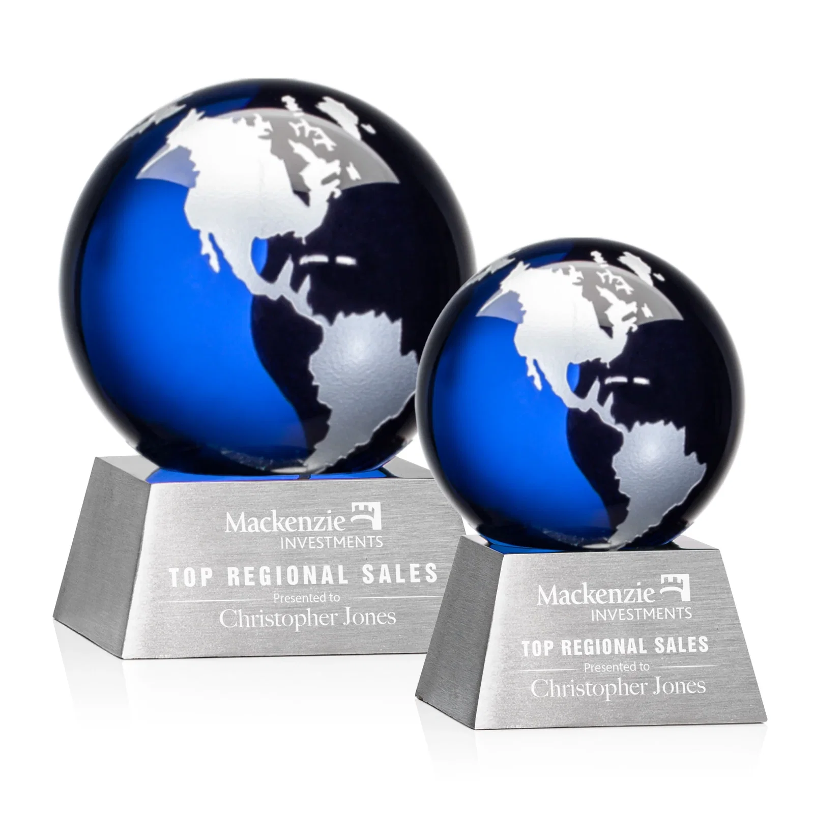 Personalized Emerald Optical Crystal Globe Award on Brushed Aluminum Base for sales achievement awards