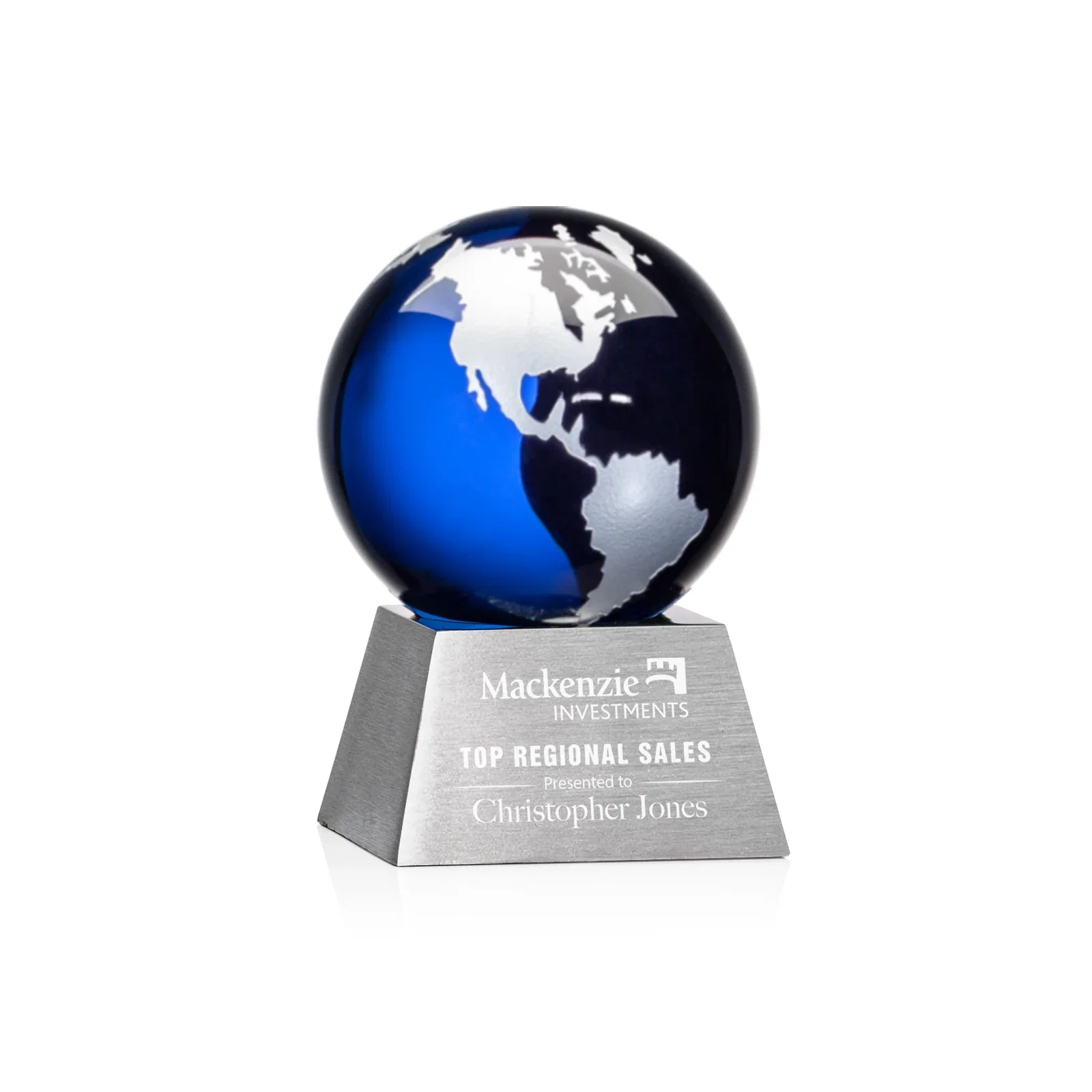 Personalized Emerald Optical Crystal Globe Award on Brushed Aluminum Base for retirement presentations
