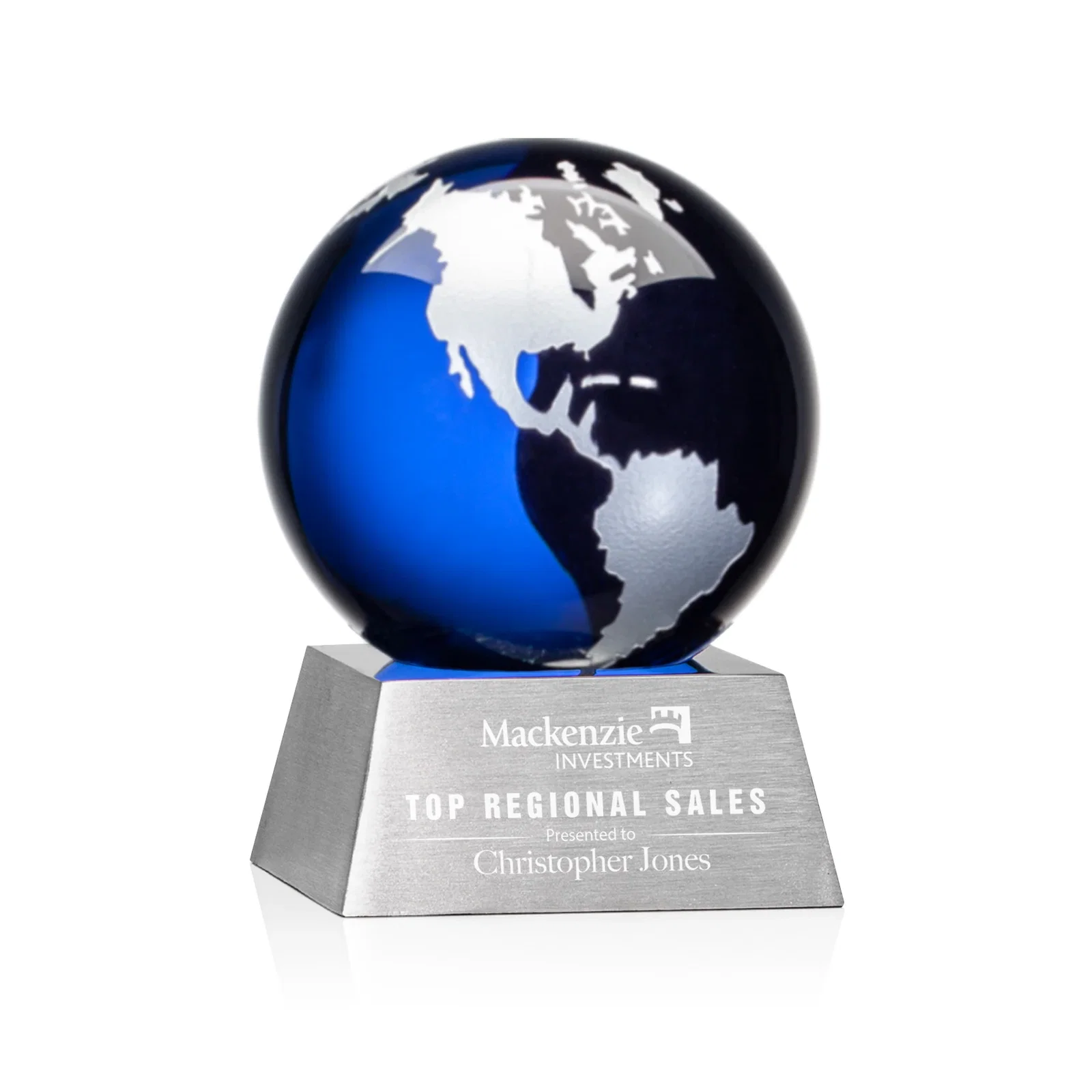 Personalized Emerald Optical Crystal Globe Award on Brushed Aluminum Base for team milestone celebrations