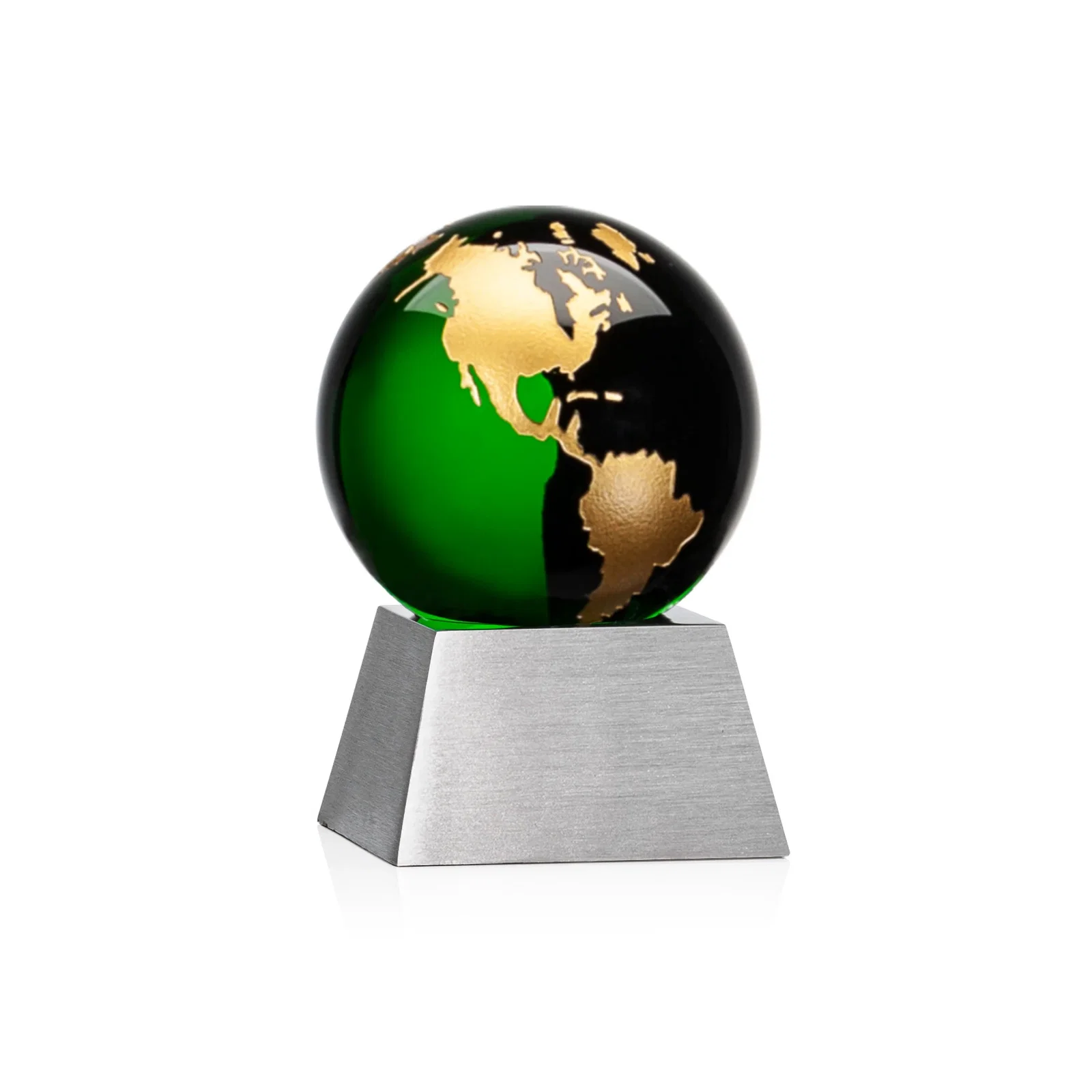 Personalized Emerald Optical Crystal Globe Award on Brushed Aluminum Base for donor appreciation