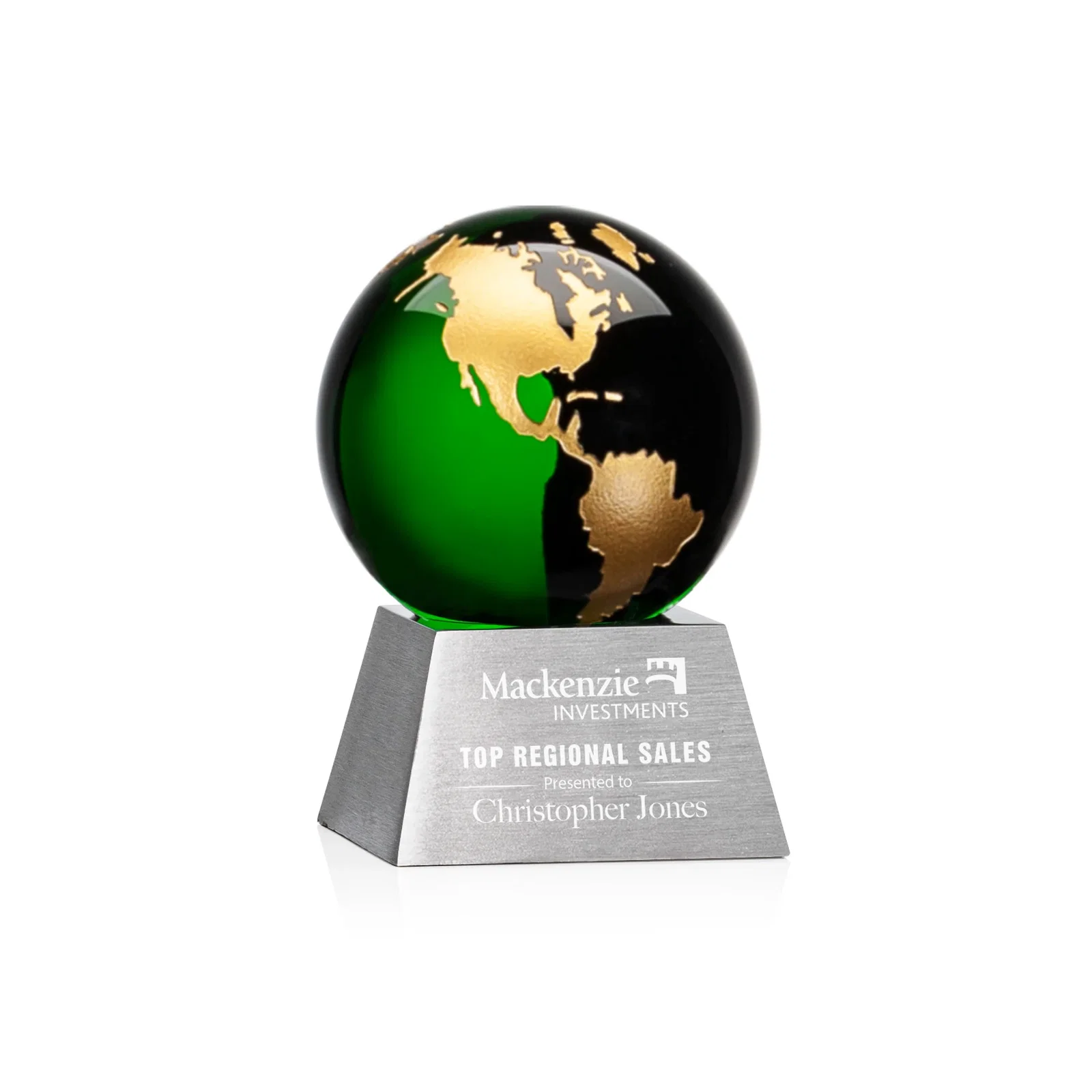Custom Emerald Optical Crystal Globe Award on Brushed Aluminum Base for corporate award ceremonies