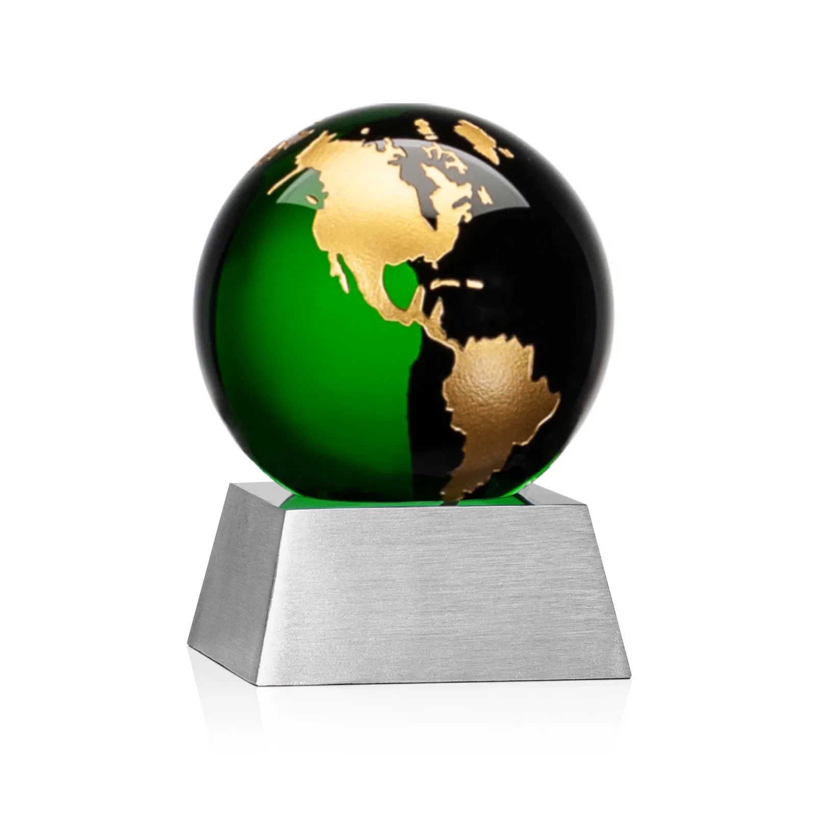 Personalized Emerald Optical Crystal Globe Award on Brushed Aluminum Base for graduation ceremonies