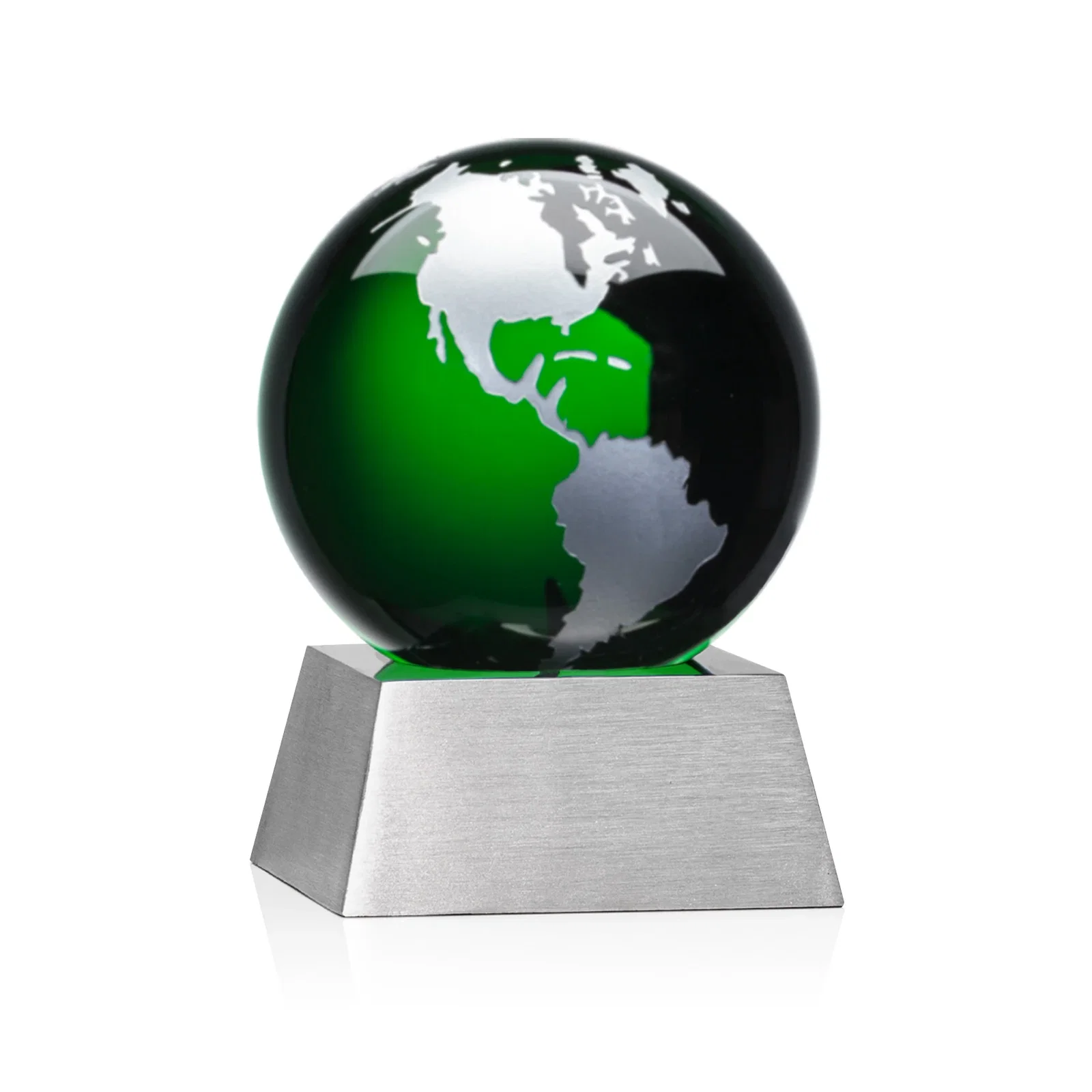 Personalized Emerald Optical Crystal Globe Award on Brushed Aluminum Base for volunteer appreciation