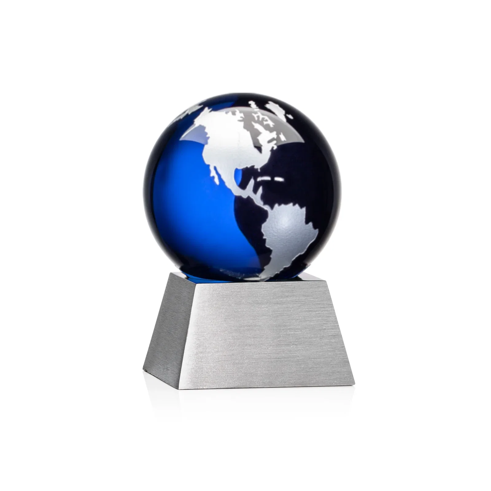 Promotional Emerald Optical Crystal Globe Award on Brushed Aluminum Base for retirement presentations