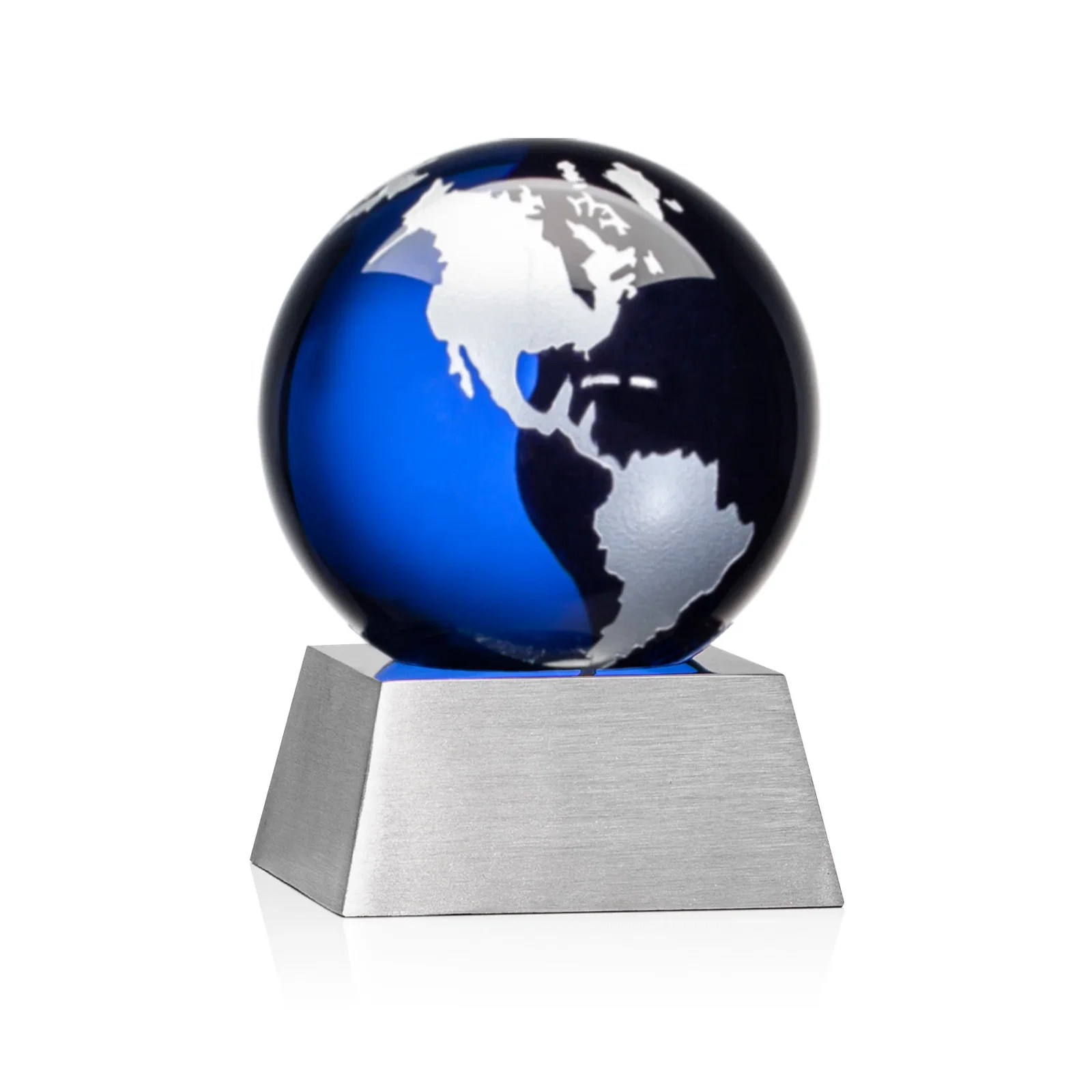 Promotional Emerald Optical Crystal Globe Award on Brushed Aluminum Base for team milestone celebrations