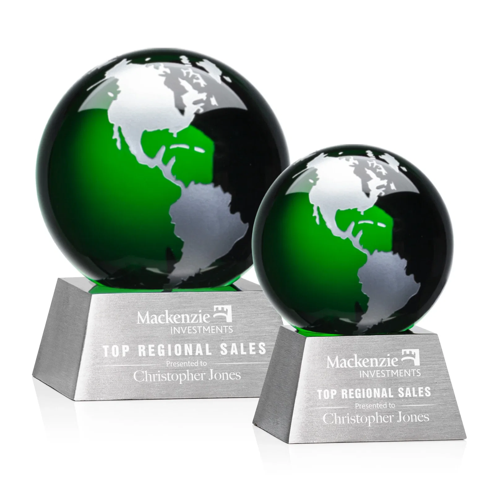 Custom Emerald Optical Crystal Globe Award on Brushed Aluminum Base for sales achievement awards