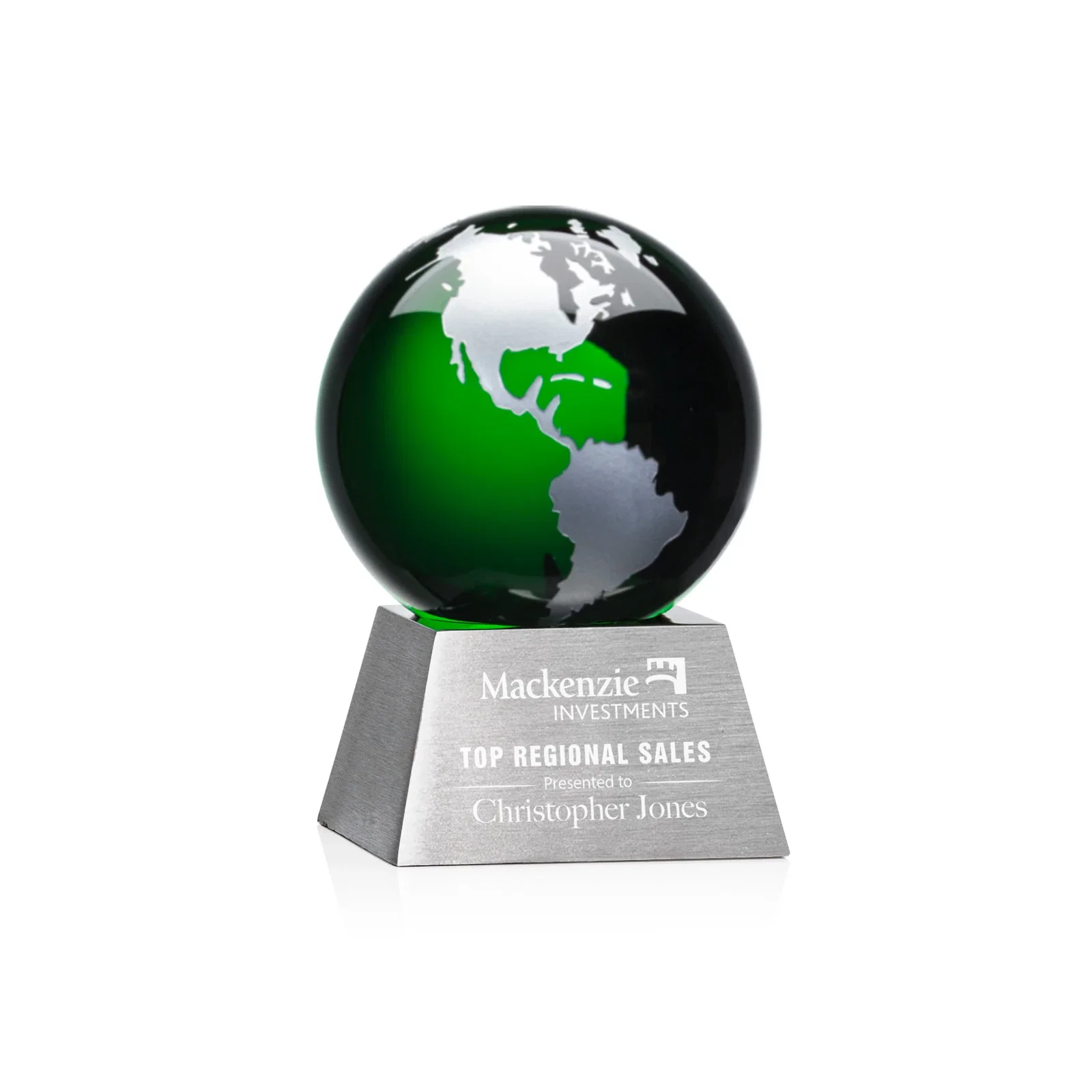 Custom Emerald Optical Crystal Globe Award on Brushed Aluminum Base for retirement presentations