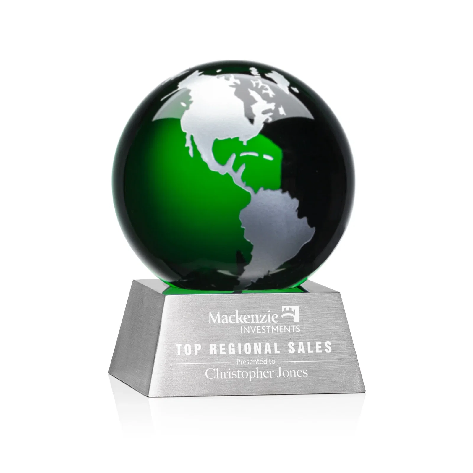 Custom Emerald Optical Crystal Globe Award on Brushed Aluminum Base for team milestone celebrations