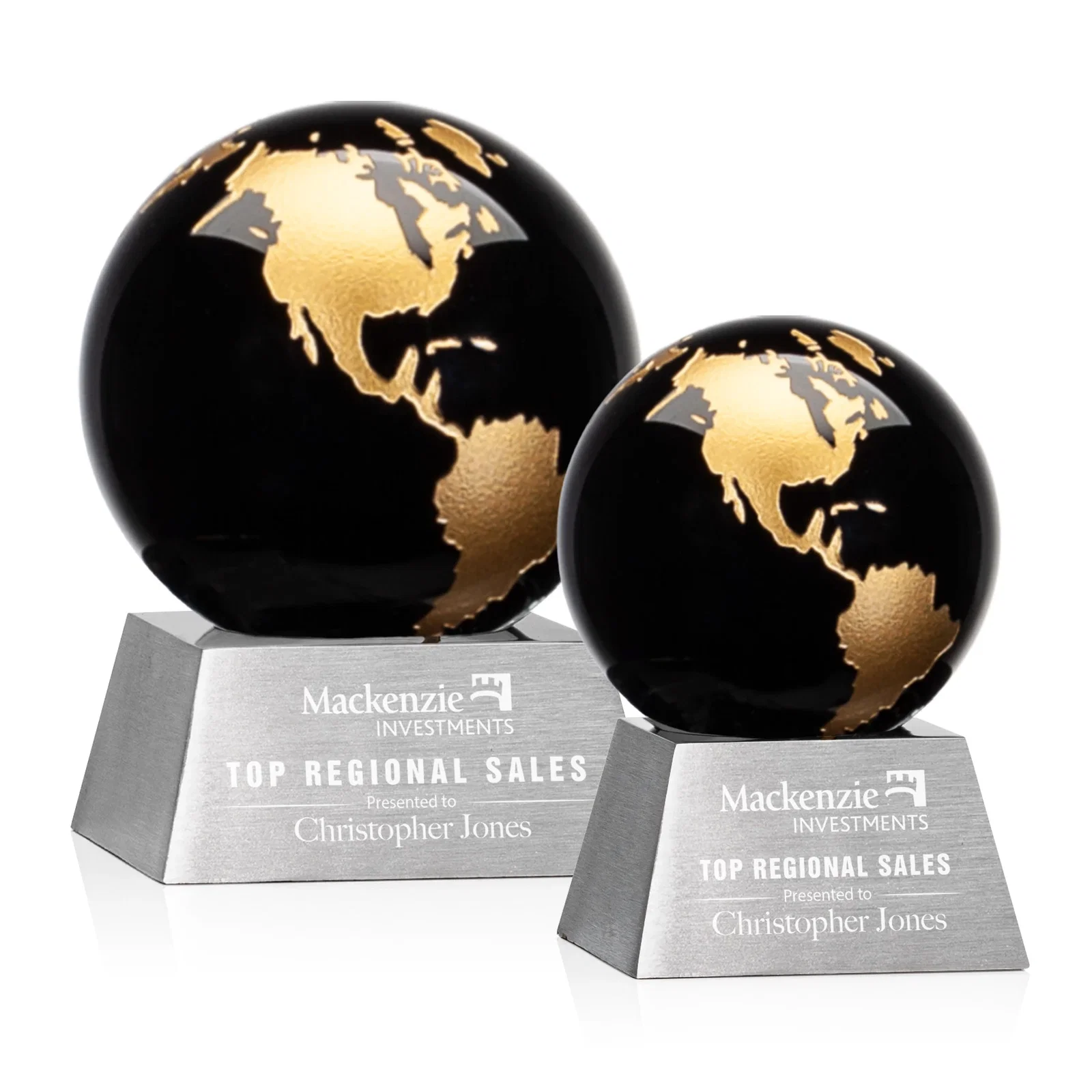 Custom Emerald Optical Crystal Globe Award on Brushed Aluminum Base for donor appreciation