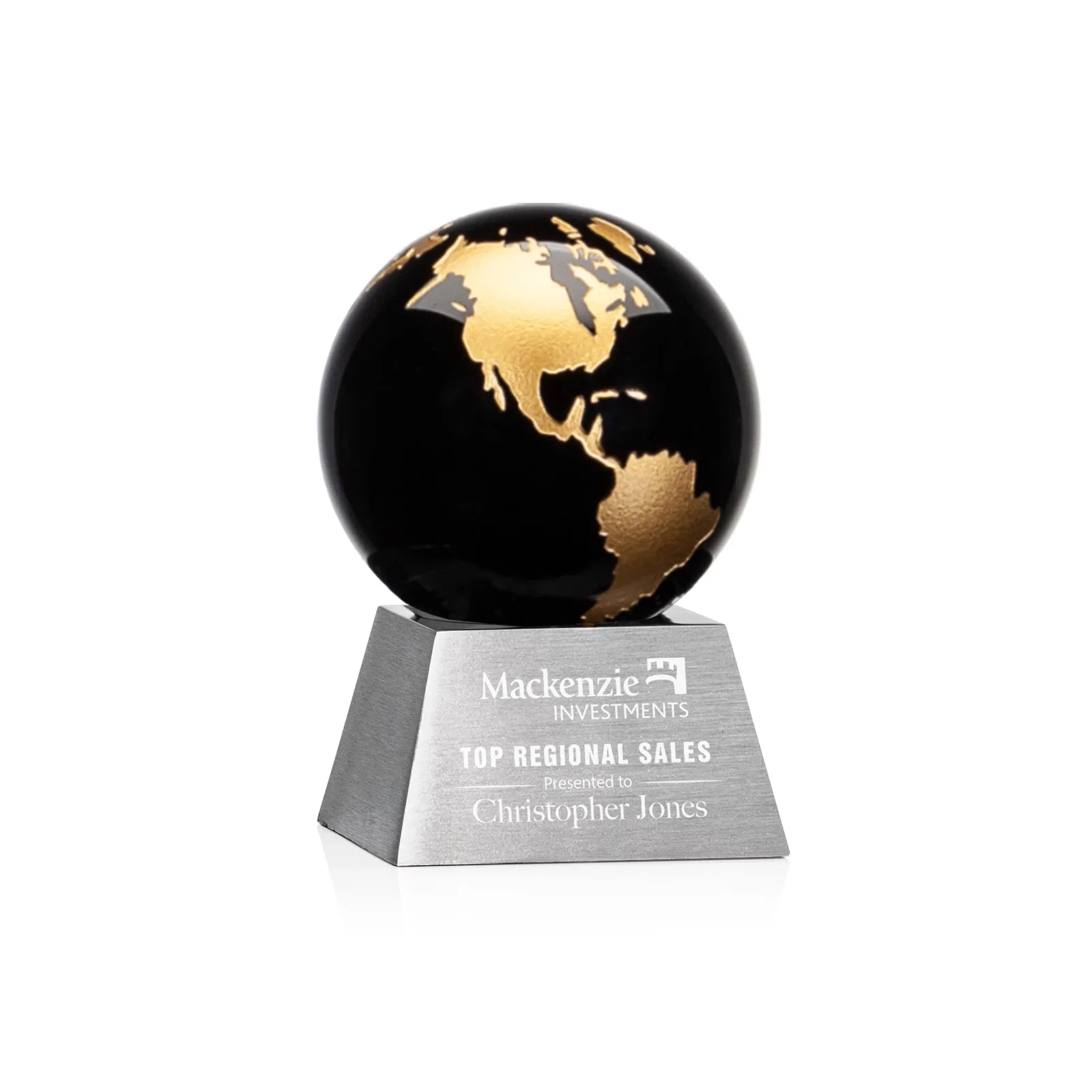 Custom Emerald Optical Crystal Globe Award on Brushed Aluminum Base for graduation ceremonies