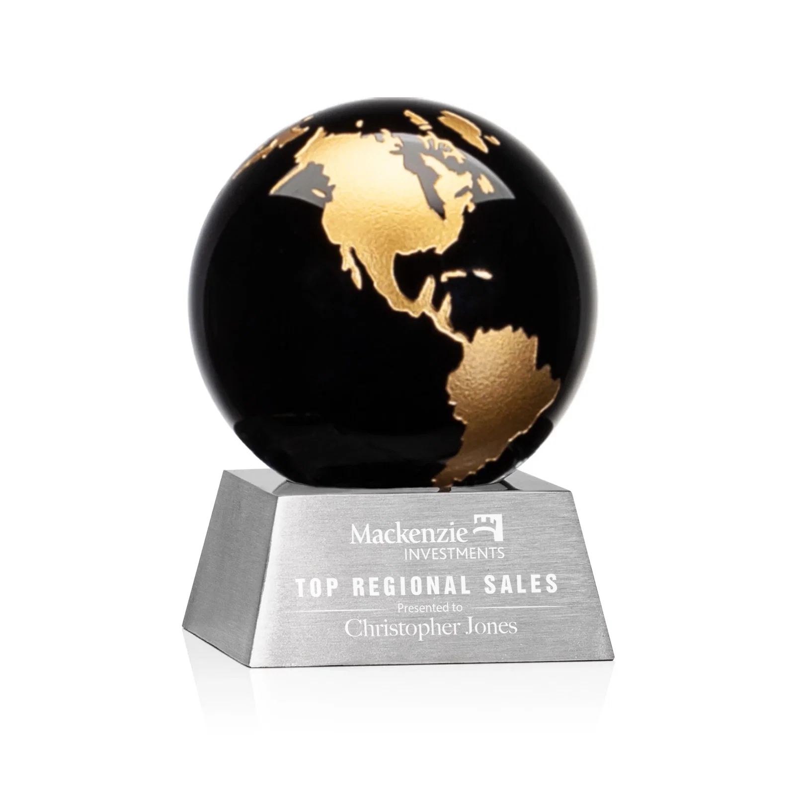 Custom Emerald Optical Crystal Globe Award on Brushed Aluminum Base for safety achievement programs