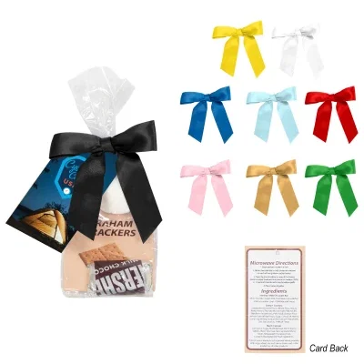 Single serve s'mores kit sealed in a clear bag with a bow