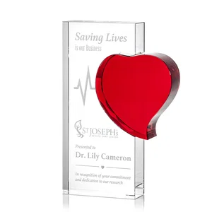 Optical Crystal Award With a Red Heart Accent