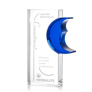 Optical Crystal Award With a Blue Crescent Moon Accent