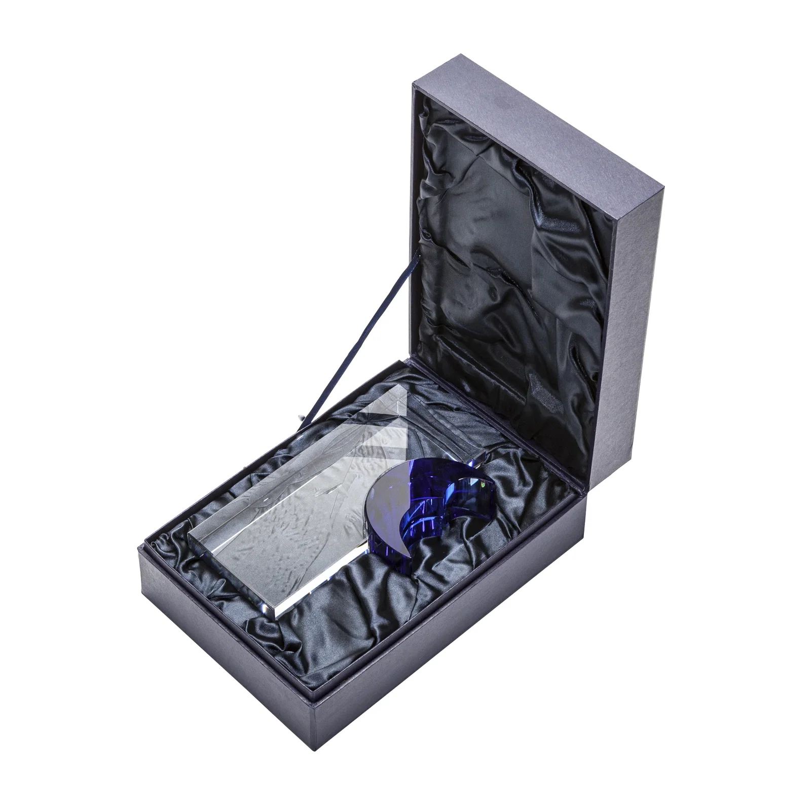 Custom Optical Crystal Award With a Blue Crescent Moon Accent, awards for corporate award ceremonies
