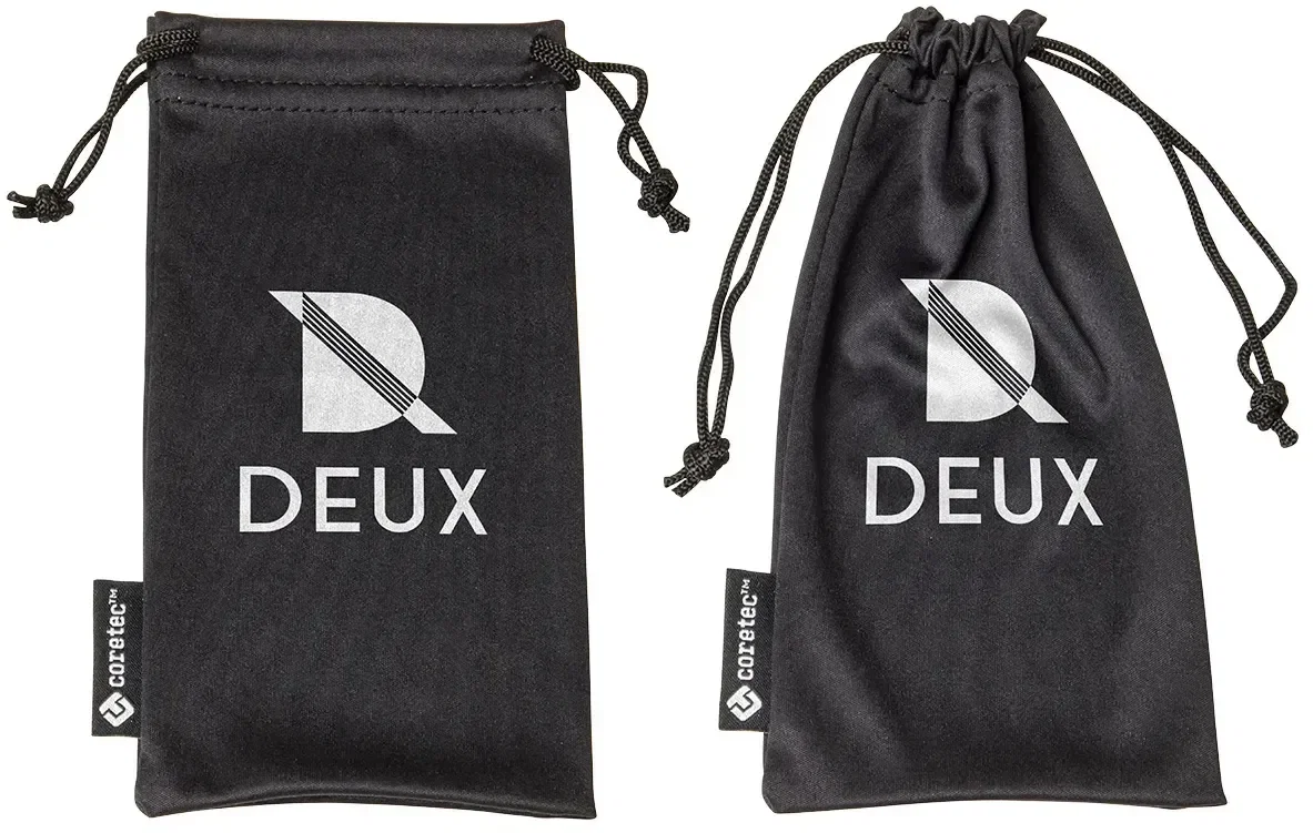 Sable microfiber drawstring pouch, custom branded 180GSM lens-cleaning pouch, hero view with logo