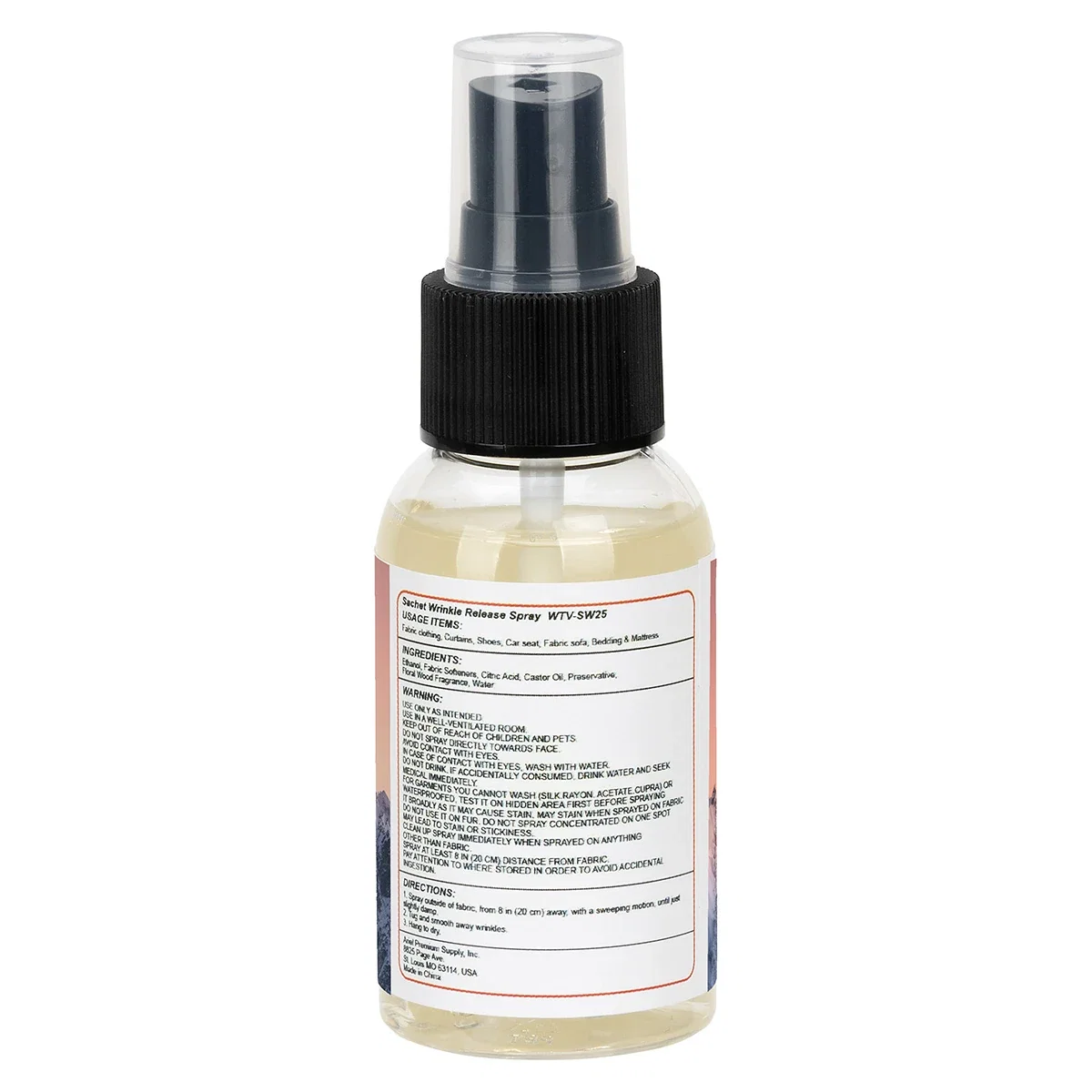 Sachet Wrinkle Release Spray being used on a wrinkled shirt, branded spray in action