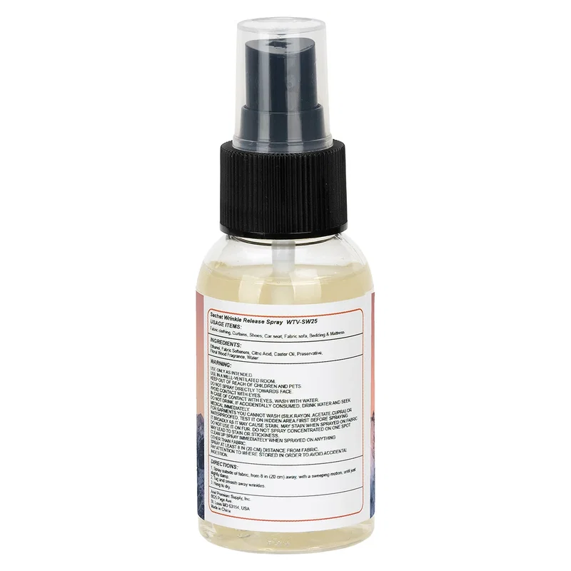 Sachet Wrinkle Release Spray being used on a wrinkled shirt, branded spray in action
